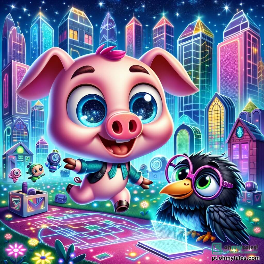 Um pequeno porquinho travesso chamado Léo, um adorável porquinho rosa com grandes orelhas e olhos brilhantes de curiosidade, salta de alegria no meio de uma cidade futurista, com um sorriso radiante no rosto. Ao seu lado, uma corvo sábia chamada Olívia, com óculos redondos e penas pretas brilhantes, observa atentamente uma tela holográfica, sua expressão misturando concentração e entusiasmo. Ao fundo, edifícios de formas ousadas brilham sob um céu estrelado, com luzes coloridas dançando nas fachadas. A cena acontece em um parque vibrante, cheio de flores luminosas e árvores com folhas multicoloridas, onde crianças e robôs se divertem juntos. Léo e Olívia estão em uma investigação para encontrar invenções desaparecidas, cercados por uma atmosfera de excitação e mistério, prontos para descobrir os segredos de sua cidade mágica.