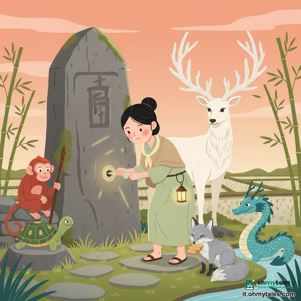 Donna (Mei), emozione serena e timida, volto dolce, occhi rotondi, capelli neri in chignon; tiene una piccola chiave di giada chiara e la infila in una serratura rotonda alla base di un menhir. Abbigliamento: scialle beige, tunica di lino verde pallido e sandali, postura incurvata, luce tenue da una lanterna alla cintura. Tartaruga (Guì) piccola, carapace verde smalto con macchie dorate, su un basso sasso a sinistra; scimmia (Hóu) dal pelo rossiccio su un muretto dietro Mei con un bastone bronzato, sguardo malizioso ma calmo; drago d'acqua (Lóng) piccolo azzurro con scaglie scintillanti, tiene un nastro di luce intorno al collo di Mei, accovacciato vicino a un ruscello in primo piano a destra; volpe argentata grigio-argento che mangia un pezzo di pane offerto da Mei ai piedi del menhir; cervide custode, grande cervo bianco con corna sottili simili a rami, dietro la pietra. Ambientazione: base di un menhir antico di pietra grigia con muschio, terreno di pietra e erbette, sullo sfondo risaie lucenti e bambù, cielo crepuscolare color pesca. Momento: istante magico in cui la chiave di giada entra nella serratura; luce morbida che fuoriesce in sottili linee dalla pietra, atmosfera calma e calda, composizione centrata su Mei e il menhir con gli altri personaggi raccolti in un cerchio amichevole.