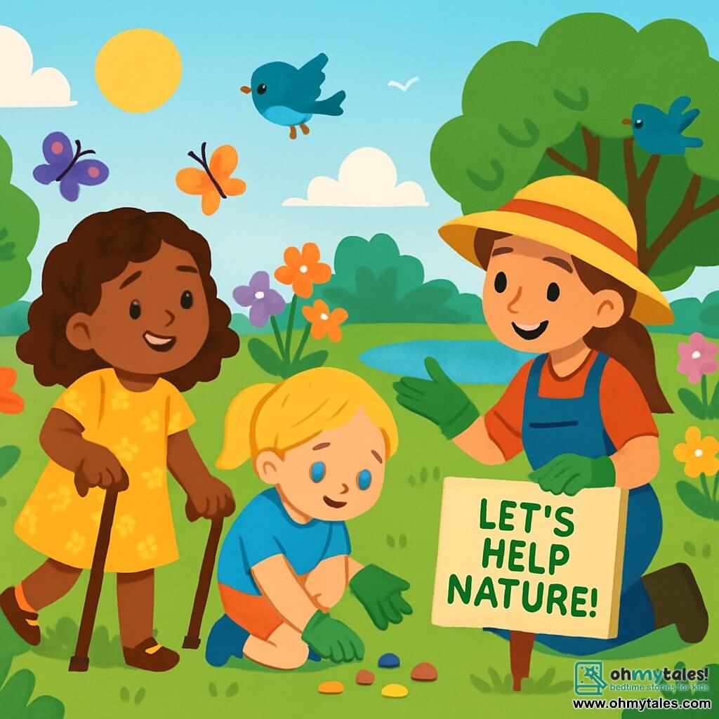 There are two main characters: Mia, a 7-year-old girl with curly brown hair wearing a yellow floral dress, walking with a cane and smiling joyfully, and Emma, a 6-year-old girl with straight blonde hair wearing a blue t-shirt and denim shorts, crouching down to pick up colorful pebbles. The two girls are in a large sunny garden filled with vibrant flowers, tall green trees, and a sparkling pond in the center. Butterflies flutter around the flowers, and birds sing in the trees. The main scene shows Mia and Emma, excited, attentively listening to Mrs. Rose, the gardener, who is explaining how to become "Earth Helpers." They are holding gardening gloves and curiously looking at the "Let’s Help Nature!" sign that Mrs. Rose has placed on the ground.