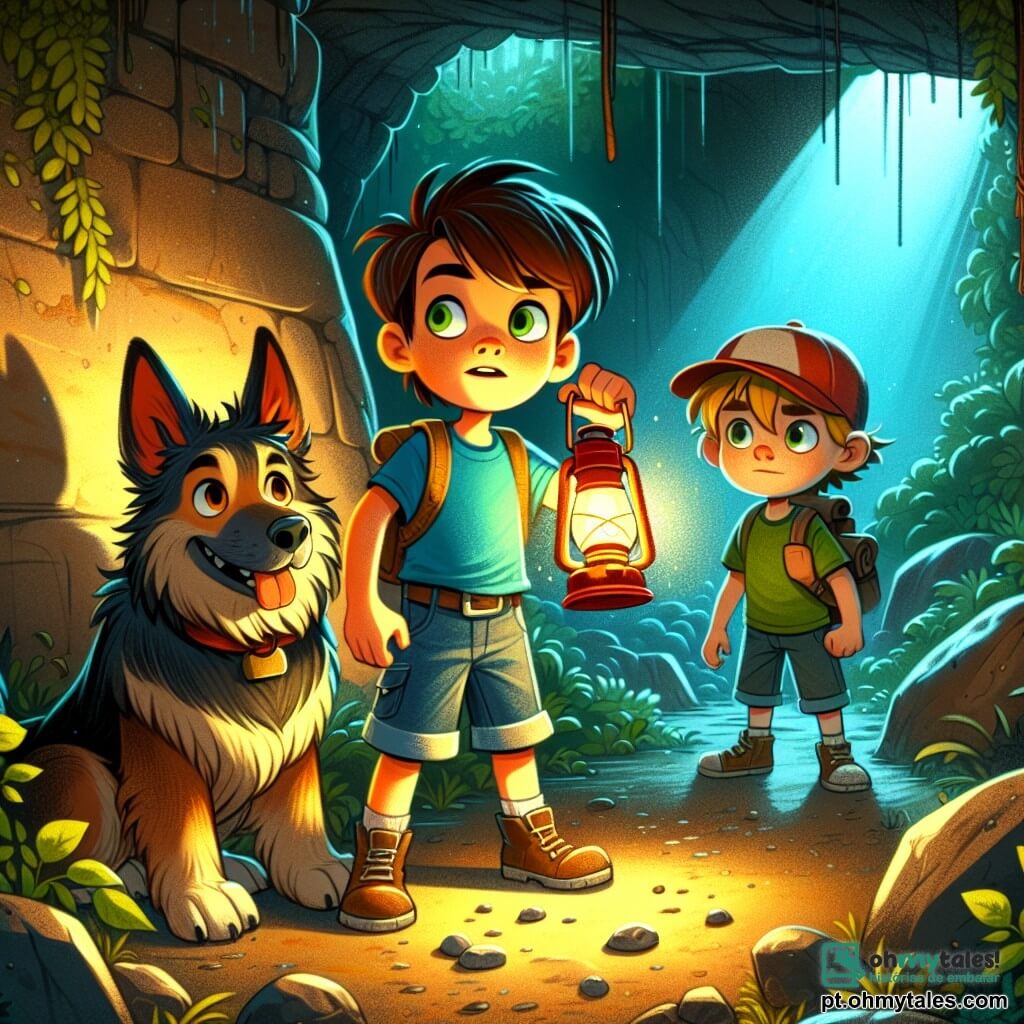 Um jovem garoto chamado Lucas, com cerca de 10 anos, cabelos castanhos bagunçados e olhos curiosos, segura uma lanterna que ilumina seu rosto maravilhado. Ele usa uma camiseta azul e um short de jeans, e seu cachorro, Max, um grande pastor alemão, está ao seu lado, com as orelhas em pé e olhar atento. Vítor, outro garoto de 10 anos, com cabelos loiros e um boné vermelho, está um pouco mais longe, com uma expressão desafiadora e os braços cruzados, observando Lucas com um sorriso travesso. A aventura acontece em um túnel escuro e úmido, com paredes de pedra áspera, onde gotas de água caem lentamente do teto, criando uma atmosfera misteriosa. Sombras dançam ao redor e raízes de árvores se agarram às paredes, adicionando um toque de natureza ao lugar esquecido. Lucas e Max estão prestes a explorar um passage secreto, enquanto Vítor os observa, pronto para desafiá-los. A atmosfera está carregada de emoção e mistério, enquanto eles estão à beira de uma nova descoberta.