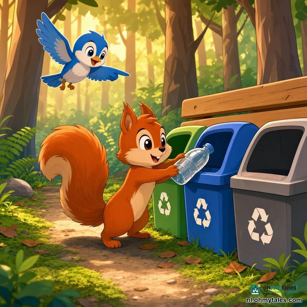 Een klein eekhoorntje met rood-oranje vacht, pluizige staart en glanzende ronde ogen, glimlachend en geconcentreerd, duwt zacht een klein doorzichtig plastic flesje richting een blauwe prullenbak; een blauw-wit vogeltje met vriendelijke blik wijst met een vleugel naar de bak terwijl het net boven het eekhoorntje vliegt; de grond is bedekt met groen mos, bruine bladeren en varens bij een klein zandpad, met gladde boomstammen op de achtergrond en zacht namiddaglicht; drie grote afvalbakken (groen, blauw, grijs) staan naast een houten bank, eenvoudige texturen en felle kleuren; scène toont het eekhoorntje dat het flesje in de blauwe bak deponeert, een kalme, duidelijke beweging in een schone, vrolijke en vredige sfeer.