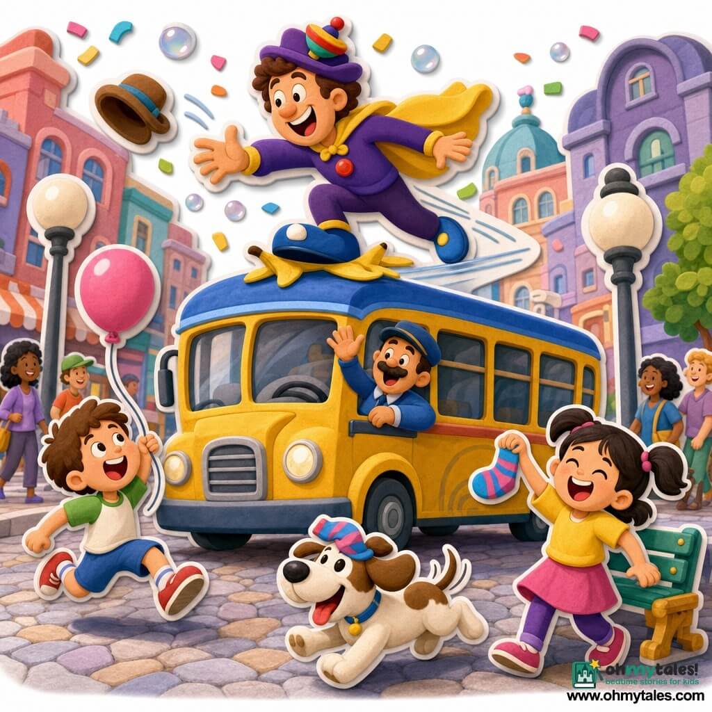 An adult man, Super Tickle, smiling mischievously with twinkling eyes, bright yellow cape fluttering, squeaky round blue shoes and a hat with a small spinning top, sliding on a banana peel on a bus roof while reaching to grab a lost hat; a ~6-year-old brown-haired boy to his left, amazed and jumping while holding a pink balloon; a ~5-year-old girl with pigtails to his right, laughing and holding a found sock near a bench; a mustachioed male bus driver waving gratefully from the bus window; a small dog with a sock on its head running around wagging its tail; colorful cobbled city street with pastel façades, round lampposts, stylized passersby, confetti and soap bubbles—joyful, dynamic, comic-heroic moment