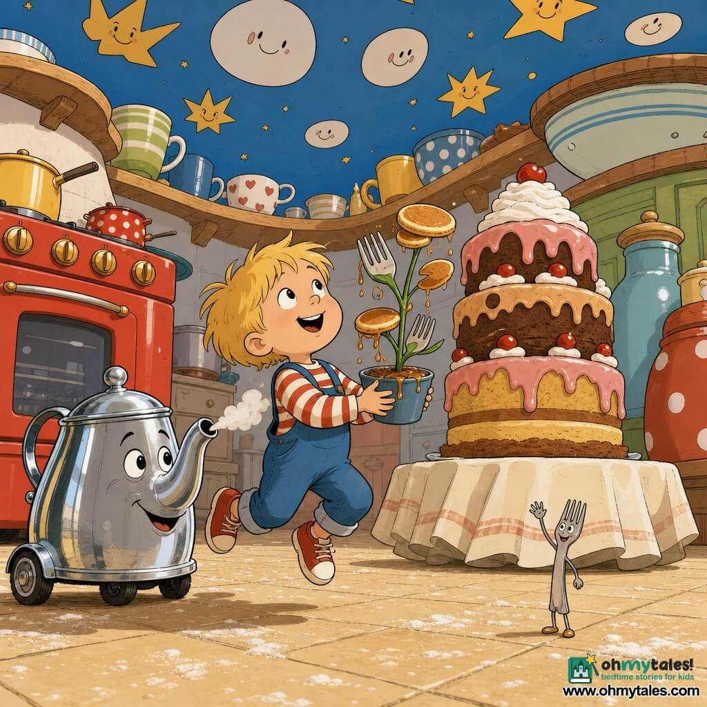 A 4-year-old boy with a round face, messy blond hair and curious eyes smiles as he bounces on warm tiled floor holding a small pancake-plant and looking up. To his left a shiny metal animated teapot-van with a friendly face whistles and points its spout at the plant, while a tiny animated fork stands on a towel near a towering cake and waves. The giant colorful kitchen has oversized counters, a bright red stove, shelves of huge cups, a lamp-post–tall cake and beige tiles dusted with flour; the whimsical scene shows the boy planting a pancake in a pot of flour as syrup beads fall, fork-leaves sprout and a ceiling painted with blue eggs and stars smiles — warm, bright, joyful and slightly absurd.