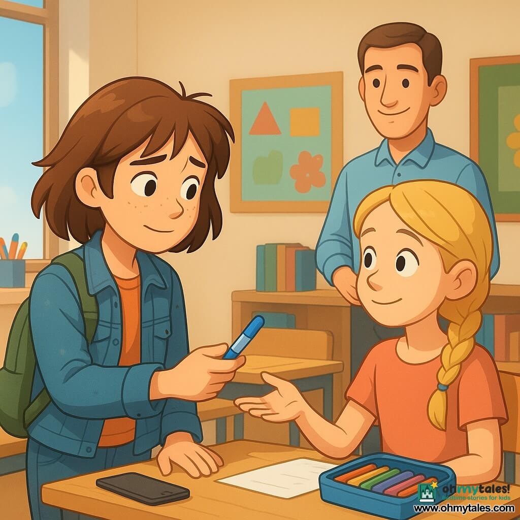 A 12-year-old girl with a round face, light freckles and messy mid-length brown hair, shy but relieved, reaches out to return a blue marker; she wears a slightly worn denim jacket, a backpack over one shoulder and still has slightly hunched shoulders from nerves. Another 12-year-old girl, Ava, with braided blonde hair, looks surprised then soothed as she receives the marker with a shy smile while seated at her desk. A male teacher of about 35 with short hair and a kind smile stands at the back of the bright classroom—cream walls with colorful posters, light wood desks and a large window—watching approvingly. On the first girl's desk are a face-down phone and an open snack pouch; on Ava’s desk an open pencil case reveals more lined markers. The scene captures a small honest confession and return—the marker glinting in a morning ray—with relaxed tension and a gentle, reassuring atmosphere, in a saturated-but-soft cel-shaded style with clean shadows, rounded expressive lines and child-appropriate proportions.