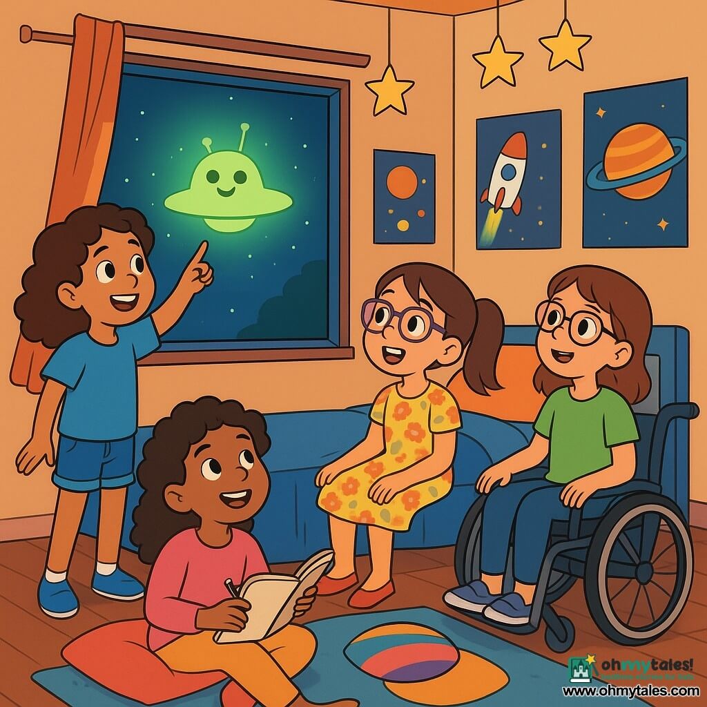 There are 4 children: Sophie, a 9-year-old girl with curly brown hair and sparkling eyes, wearing a blue t-shirt and denim shorts, standing by the window excitedly pointing at the sky; Maya, an 8-year-old girl with purple glasses and straight hair in a ponytail, wearing a floral dress, sitting on the bed with wide eyes, looking at Sophie in wonder; Lila, a 9-year-old girl with curly hair and a sweet smile, wearing a pink sweater and comfortable pants, lying on the floor with a sketchbook ready to draw; and Ada, a 9-year-old girl in a wheelchair with brown hair and glasses, wearing a green t-shirt and leggings, next to Lila, smiling and curiously looking at the sky. The setting is a schoolroom with walls decorated with posters of planets and rockets, paper stars hanging from the ceiling, and soft light filtering through the window, illuminating the wooden floor. The main scene shows the children in awe, looking out the window at a shimmering green light in the night sky that seems to greet them with joyful twinkles, filled with excitement and curiosity, ready to meet an alien.