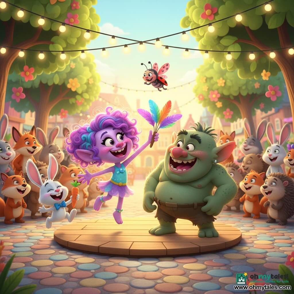 Tilly, a radiant young troll girl with glittery pale purple skin, curly rainbow hair and mischievous round eyes, laughs as she tickles Grumble with soft rainbow feathers; Benny, a small white rabbit with a blue bow tie, hops nearby holding a carrot, and Lila, a tiny red-and-black spotted ladybug with translucent wings, flies overhead applauding; Grumble, a sturdy dark‑green troll boy with rough skin and bristly brows, goes from scowling to surprised to uproarious laughter at the center of the scene on a sunny Gigglewood square paved with colorful round stones, string lights, shiny trees and dancing flowers, surrounded by a semicircle of smiling animals, bright colors, soft shadows, joyful dynamic style.