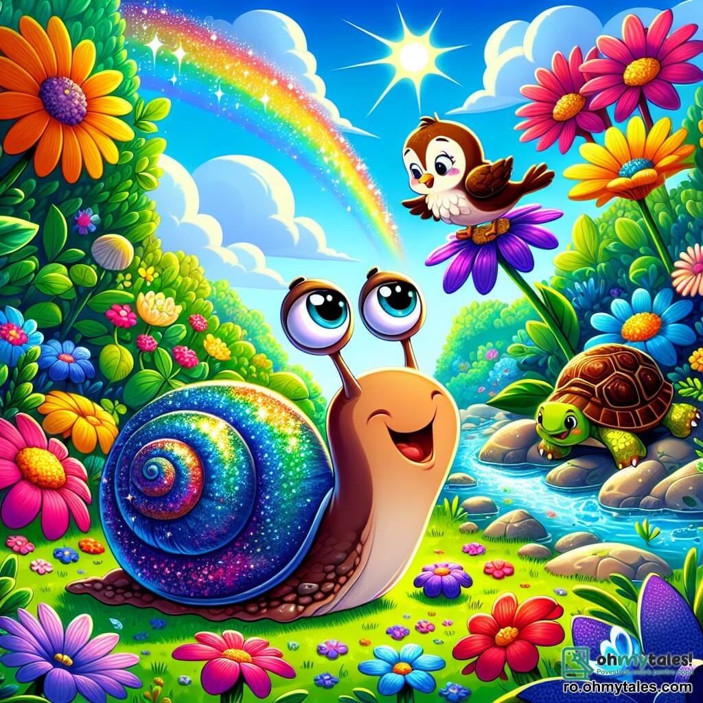 Un melc mic pe nume Štefan, cu o cochilie strălucitoare de culori vii, stă în centrul scenei, cu antenele ridicate, exprimând o mare curiozitate și uimire. Este înconjurat de flori multicolore, cu petalele deschise spre cerul însorit. La dreapta lui, o vrabie cu pene galbene și maronii cântă vesel, așezată pe o tulpină de floare, iar la stânga lui, o broască țestoasă înțeleaptă, cu o carapace aspră și ochi blânzi, îl observă cu bunăvoință, așezată pe iarba verde. Locul este o grădină fermecată, plină de flori strălucitoare, arbuști deasă și un cer albastru deschis presărat cu nori pufoși. În fundal, un pârâu strălucitor șerpuiește printre stânci, adăugând o notă de magie mediului. Situația principală arată cum Štefan descoperă o piatră strălucitoare sub o frunză de trifoi, cu o sclipire de excitație în ochi, în timp ce prietenii săi, vrabia și broasca țestoasă, îl încurajează să își pună o dorință, creând o atmosferă de camaraderie și aventură.