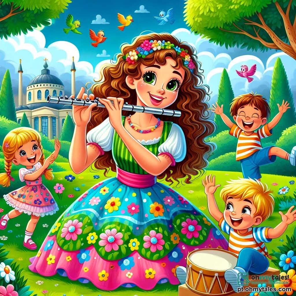 Uma jovem chamada Mariana, com cabelos cacheados e castanhos, sorridente e cheia de alegria, toca flauta com paixão, seus olhos brilhando de criatividade. Ela usa um vestido colorido com estampas florais e está sentada em um banco em um parque verdejante. Ao seu redor, um grupo de três crianças: um menino de 7 anos com óculos e uma camiseta listrada, que dança no ritmo, uma menina de 6 anos com tranças e um vestido rosa, que aplaude com entusiasmo, e outro menino de 8 anos, com cabelo loiro, que segura um tambor de papelão e sorri amplamente. O parque está cheio de árvores majestosas com folhas verdes brilhantes, flores multicoloridas e um céu azul claro salpicado de nuvens brancas e fofas. A cena principal mostra Mariana e as crianças se divertindo juntas, criando uma melodia alegre que faz os pássaros dançarem ao redor, preenchendo o ar com música e risadas.