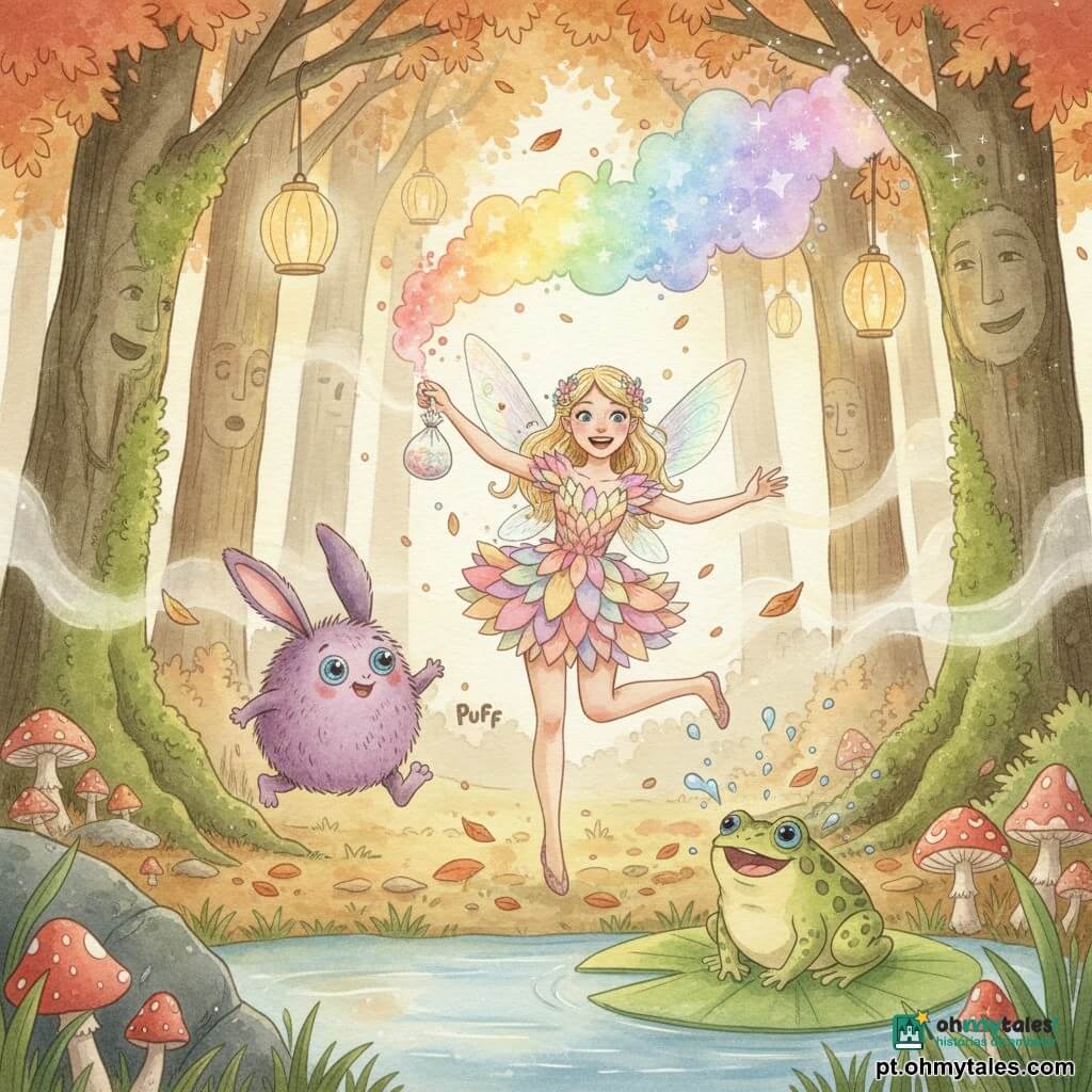 A fada Lili está radiante e sorridente, com pequenas asas translúcidas iridescentes, segurando um saquinho de pó mágico cintilante; veste um vestido curto em pétalas pastel e tem cabelo loiro trançado com flores, dançando e espalhando pó brilhante. Ao lado, Tico, uma criatura engraçada e desajeitada de corpo arredondado coberto de pelos roxos, grandes orelhas de coelho e olhos azuis, pula soltando "puffs" cômicos; Pipo, um sapo rechonchudo verde com manchas amarelas, ri sentado num nenúfar à beira de um pequeno lago, salpicando gotas cintilantes. O local é uma clareira da Floresta dos Sussurros com troncos altos cobertos de musgo e rostos sussurrantes, cogumelos coloridos, lanternas de papel flutuantes, carpete de folhas e bruma dourada; a cena mostra a dança alegre no centro, o pó mágico subindo em nuvens multicoloridas que iluminam a folhagem, atmosfera terna, divertida e cheia de movimento.