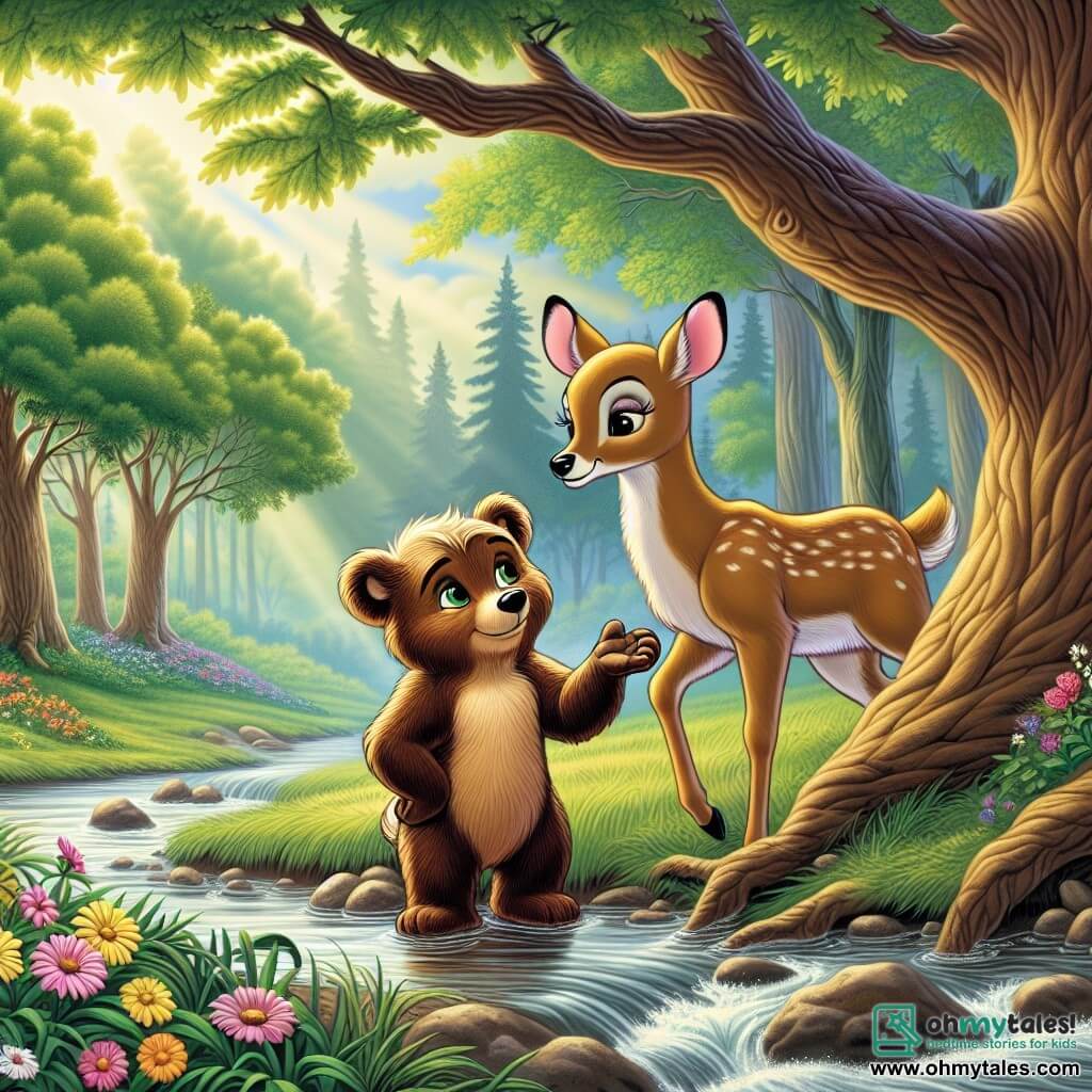 In the foreground, Benny the little brown bear, with soft fur and sparkling kind eyes, stands near a stream. He looks concerned yet determined, reaching out a paw towards Daisy the doe, who stands a little further away, her eyes misty with tears, her golden coat shining in the sun. Daisy, a delicate doe with big sad eyes, looks at Benny with gratitude, her ears slightly lowered, standing near a large oak tree, a symbol of strength and protection. The setting is a beautiful forest landscape, with majestic trees boasting vibrant green leaves, colorful flowers scattered on the ground, and the gentle murmur of a stream winding through the scene, creating a peaceful yet emotionally charged atmosphere. The main situation shows Benny approaching Daisy to offer his friendship, illustrating a moment of compassion and support in a serene natural environment, highlighting the importance of kindness in the face of bullying.