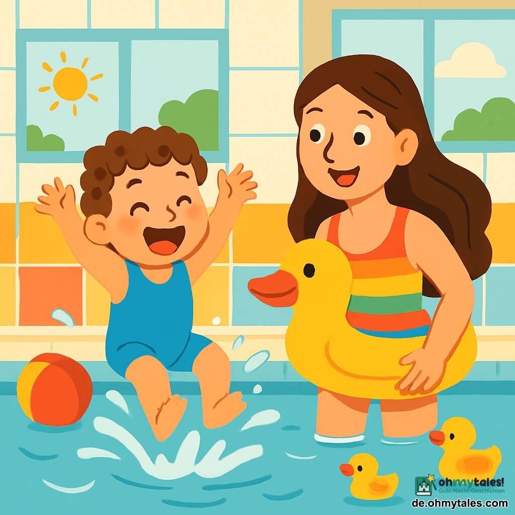 Ein kleiner Junge von 2 Jahren mit lockigem Haar und strahlenden Augen trägt einen schönen blauen Badeanzug. Er lacht laut, während er in einen Pool springt und Wasser um sich herumspritzt. Neben ihm steht seine Mama, eine lächelnde Frau in den Dreißigern mit langen braunen Haaren, die ihn stolz ansieht. Sie trägt ein buntes Badeoutfit und hält einen großen Schwimmer in Form einer Ente. Die Szene spielt sich in einem hellen Hallenbad mit bunten gefliesten Wänden und Fenstern ab, die Sonnenlicht hereinlassen. Schwimmspielzeuge wie ein großer roter Ball und Plastikenten treiben im klaren Wasser. Der kleine Junge ist bereit, ins Wasser zu tauchen, mit erhobenen Armen und einem großen Lächeln im Gesicht, während seine Mama ihn begeistert anfeuert.