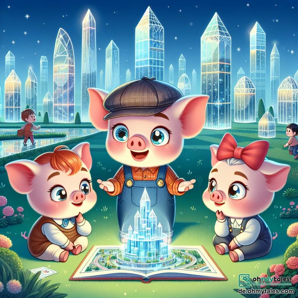 Im Zentrum des Bildes steht Max, eines der Drei kleinen Schweinchen, ein kleines rosa Schwein mit funkelnden Augen und runden Ohren. Er trägt eine blaue Latzhose und einen kleinen Erfinderhut, und sein Gesicht drückt große Neugier und Aufregung aus, während er stolz ein Modell seiner Stadt aus Glas präsentiert. Neben ihm steht Lotte, die große Schwester, ein kleines Schweinchen mit einer hübschen roten Schleife im Haar. Sie hat einen entschlossenen Blick und untersucht aufmerksam die Stadtpläne, die sie in ihren Pfoten hält. Etwas im Hintergrund sitzt Tim, der Jüngste, ein kleines Schwein mit rosa Wangen, auf dem Boden mit einem offenen Buch auf den Knien, die Augen voller Staunen, bereit, den Passanten eine neue Geschichte zu erzählen. Die Szene spielt in einer futuristischen Stadt, wo die Gebäude im Sonnenlicht wie Diamanten funkeln. Üppige Gärten umgeben die Glasstrukturen, und fröhliche Kinder spielen um sie herum, was dieser bezaubernden Kulisse Leben verleiht. Die Hauptsituation zeigt Max und Lotte, die über ihre Ideen für die Stadt diskutieren, während Tim mit einem Lächeln bereit ist, eine inspirierende Geschichte über die Bedeutung von gegenseitiger Hilfe und Gemeinschaft zu teilen.