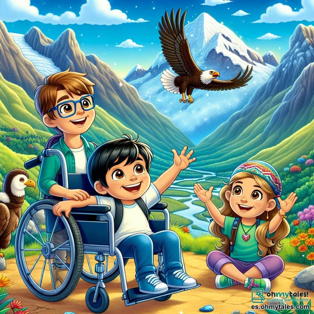En primer plano, Lucas, un niño de 10 años con cabello castaño y gafas, está sentado en su silla de ruedas, sonriendo con entusiasmo. A su derecha, Sofía, una niña de 9 años con cabello largo rubio y un vestido colorido, levanta los brazos al aire, maravillada por la belleza del paisaje. A la izquierda, Mateo, un niño de 10 años con cabello negro y ojos brillantes, sostiene una piedra brillante en su mano, con los ojos abiertos de alegría. Finalmente, Diego, un niño de 9 años con cabello castaño y una camiseta verde, mira hacia el cielo, fascinado por un gran cóndor que vuela sobre ellos. El escenario es una hermosa montaña peruana, con picos nevados al fondo, valles verdes salpicados de flores coloridas y un cielo azul brillante. Un pequeño arroyo brilla cerca, añadiendo un toque de magia a la escena. La situación principal muestra a los niños descubriendo un tesoro escondido, una pequeña caja dorada que cayó del cielo, rodeada de piedras brillantes, simbolizando la aventura y la amistad que los une en esta exploración encantada.
