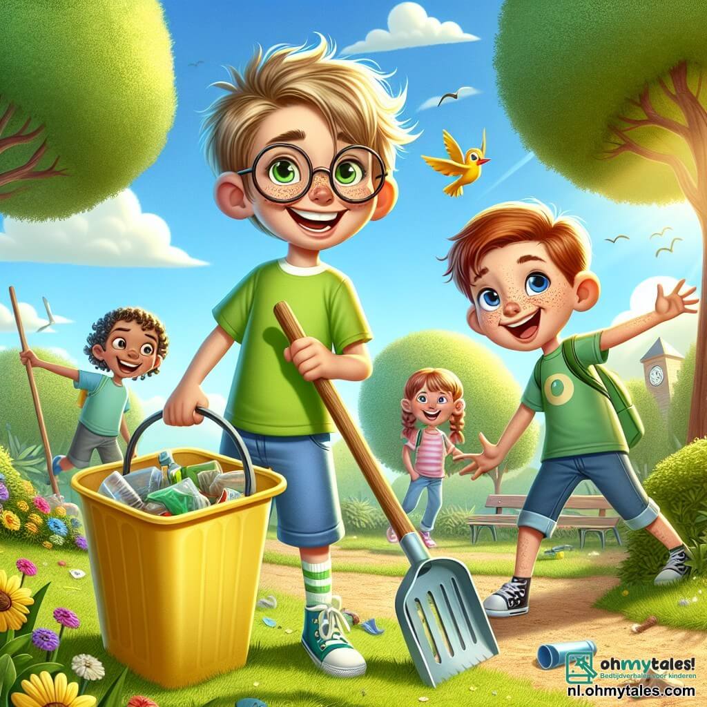 Een 8-jarig jongen, Lars, met messy blond haar en een grote blije glimlach, is afval aan het oprapen in een zonnig park. Hij draagt een felgroen t-shirt en blauwe shorts, en zijn ogen stralen van opwinding. Naast hem moedigt zijn beste vriendin Emma, een 8-jarig meisje met gevlochten bruin haar en ronde brillen, andere kinderen aan om mee te doen terwijl ze een grote gele vuilnisbak vasthoudt. Iets verderop bukt Sam, een 7-jarig jongen met rood haar en sproeten, om een oud plastic speelgoed op te rapen, lachend met zijn vrienden. Het park is gevuld met grote bomen met heldergroene bladeren, kleurrijke bloemen en een helderblauwe lucht met donzige witte wolken. Vogels zingen vrolijk in de takken, en het gras is helder groen. De scène toont Lars en zijn vrienden in actie, omringd door kleurrijke vuilniszakken, terwijl ze het park schoonmaken met glimlachen op hun gezichten, wat hun vastberadenheid illustreert om de natuur te beschermen en hun omgeving mooier te maken.