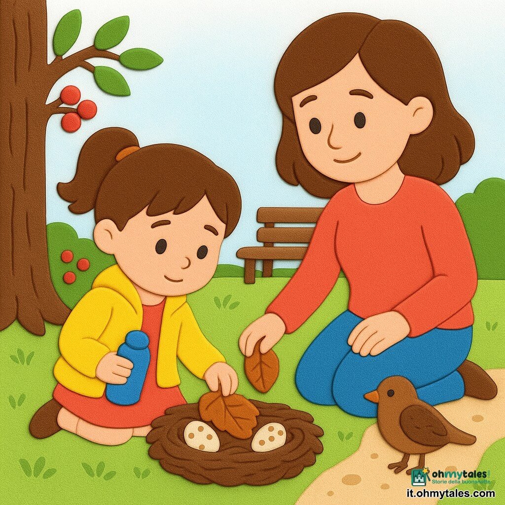 Bambina di 4 anni dall'espressione dolce e un po' pentita, viso rotondo, guance rose, capelli castani raccolti in codine, con giacchetta gialla e borraccia blu, posa delicatamente foglie secche su un nido a terra contenente due piccoli uova macchiettate; al suo fianco una donna di circa 30–35 anni, calma e premurosa, gambe piegate, capelli sciolti, tiene una borsa di stoffa e la guarda con tenerezza; un passerotto bruno macchiato su un ramo basso osserva la scena; il prato con un sentiero di ghiaia, un tronco rugoso a sinistra, cespugli con bacche rosse e una panchina sullo sfondo, luce mattutina; composizione in piano medio, colori vivaci e contrastati, texture spesse e ritagliate come gommette in EVA, contorni netti e forme semplificate per un effetto infantile e caldo.