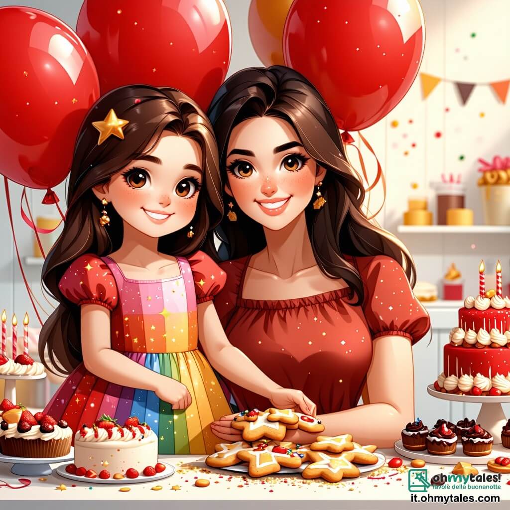 Una bambina di 6 anni, Sofia, con lunghi capelli castani e occhi brillanti, sorride felicemente tenendo palloncini rossi e dorati. Indossa un vestito colorato con motivi di stelle, e il suo viso emana eccitazione e felicità. Accanto a lei, sua madre, una donna di circa 30 anni con capelli castani e un sorriso caloroso, prepara biscotti a forma di stelle su un tavolo decorato con festoni scintillanti. Suo padre, un uomo di circa 35 anni con una leggera barba e occhiali, balla felicemente sullo sfondo, tenendo un altoparlante che diffonde musica festiva. La scena si svolge in una cucina luminosa e accogliente, decorata per il Capodanno con festoni dorati, luci scintillanti e un grande tavolo pieno di dolci. Sofia, piena di energia, sta preparando una festa a sorpresa per la sua famiglia, circondata da risate e gioia, mentre si preparano a festeggiare il Capodanno insieme.