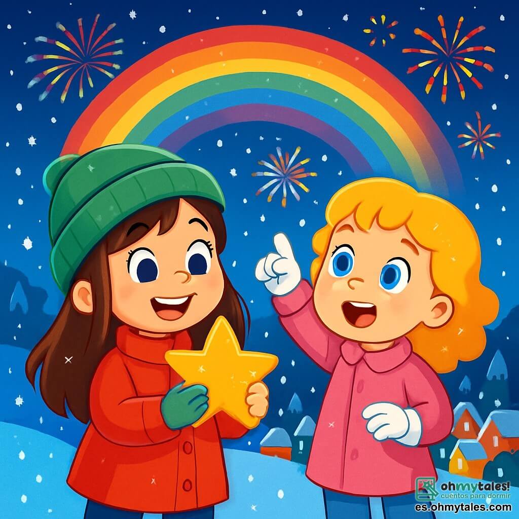 Hay 2 personajes principales: Lucía, una niña de 5 años con largos cabellos castaños y ojos brillantes, que lleva un abrigo rojo vivo y un gorro verde, sosteniendo una estrella dorada con una gran sonrisa; y Sofía, una niña de 5 años con cabello rubio rizado y ojos azules, que lleva un abrigo rosa y guantes blancos, señalando al cielo con asombro. La escena se desarrolla en una colina nevada, iluminada por un cielo estrellado, con el pueblo de Colores de fondo, cuyas casas coloridas están adornadas con luces brillantes y fuegos artificiales. Lucía y Sofía están descubriendo la última estrella dorada, rodeadas de copos de nieve que caen suavemente, llenas de alegría y emoción, listas para celebrar el Año Nuevo con su pueblo, mientras un arcoíris brillante aparece en el cielo nocturno.