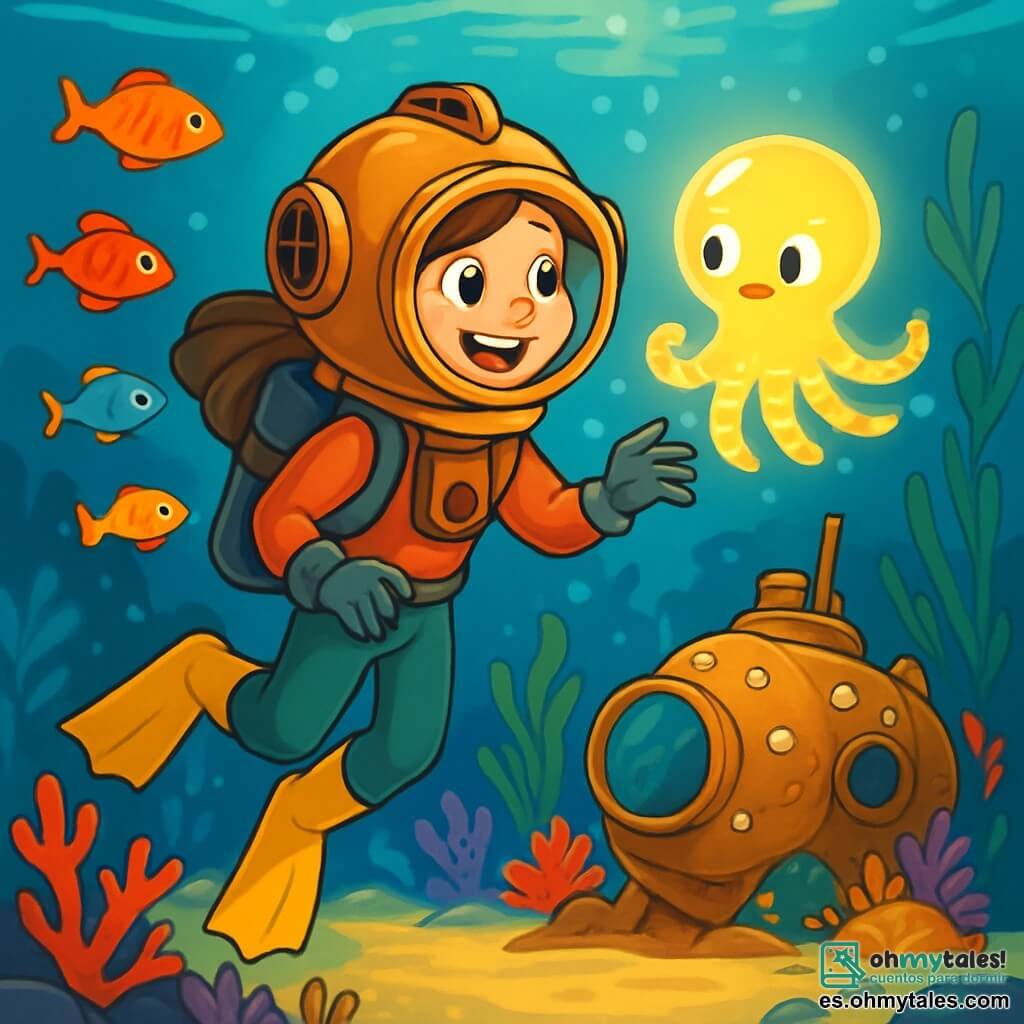 Una niña de 12 años, Luna, con largos cabellos castaños flotando en el agua, lleva un equipo de buceo antiguo, su rostro iluminado por una sonrisa maravillada y ojos brillantes de curiosidad. Nada con gracia, rodeada de peces coloridos que bailan a su alrededor. A su lado, un pequeño pulpo luminoso llamado Lumin, con tentáculos centelleantes, parece invitarla a explorar las profundidades marinas. El fondo marino es un espectáculo encantador, con corales vibrantes de colores vivos, algas ondulantes y un antiguo submarino cubierto de conchas, reposando silenciosamente en el fondo. La luz del sol filtra a través del agua, creando reflejos dorados en la arena. La escena muestra a Luna descubriendo el submarino misterioso, lista para explorar sus secretos, mientras Lumin la anima con un destello de luz.