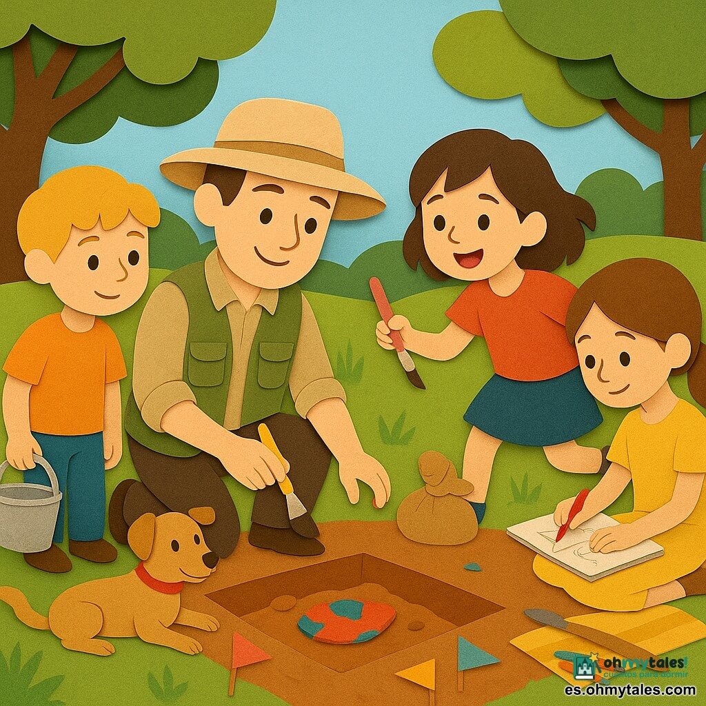 Hombre Mateo, sonriente y concentrado, con gran sombrero beige redondo y chaleco verde oliva, arrodillado y sujetando un pequeño pincel amarillo mientras descubre suavemente un fragmento de cerámica azul y roja; a su derecha Sara, niña de unos 7 años de cabello corto castaño, pasa un pincel rosa cerca; a la izquierda un chico de unos 10 años, rubio, sostiene un cubo metálico; una niña de unos 9 años, con el pelo largo recogido, está sentada sobre una manta bajo un árbol dibujando el objeto con lápices de colores; la perra Matea, pequeña de pelaje castaño claro y collar rojo, yace cerca moviendo la cola; lugar: campo soleado de hierba verde con árboles de hojas grandes, un sondeo cuadrado con banderitas, cajas de madera, sacos de lona y herramientas (pinceles, paletas, cubos) alrededor; escena: excavación arqueológica tranquila y alegre, gestos lentos y cuidadosos, tierra tamizada marrón-anaranjada, fragmentos de cerámica recogidos en una caja de cartón, ambiente de cooperación y descubrimiento.