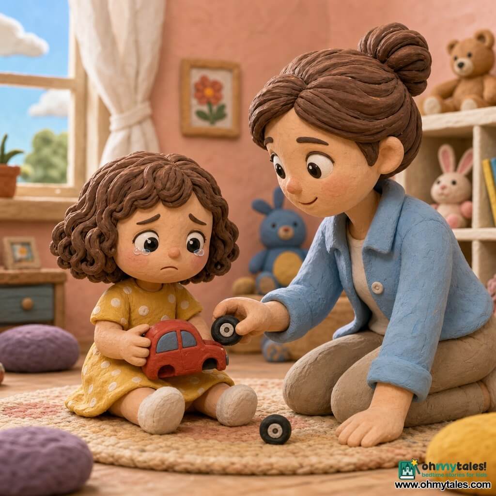 A 2-year-old girl with round tearful eyes, playful but sad, brown curly bob wearing a small yellow dress with white polka dots sits on a wool rug holding a small wheeled toy; a woman (mother, about 30) with a gentle smile, hair in a bun and a light blue cotton jacket kneels beside her reaching to fix the toy; the toy is a small red wooden car with a detached wheel in front of the girl; the bright living room has pastel walls, a large window with a white curtain, shelves of colorful stuffed animals and round floor cushions; the girl looks at the fallen wheel with a tear at her eye while the mother comforts her and reattaches the wheel—tender, secure atmosphere with warm colors and rounded shapes.