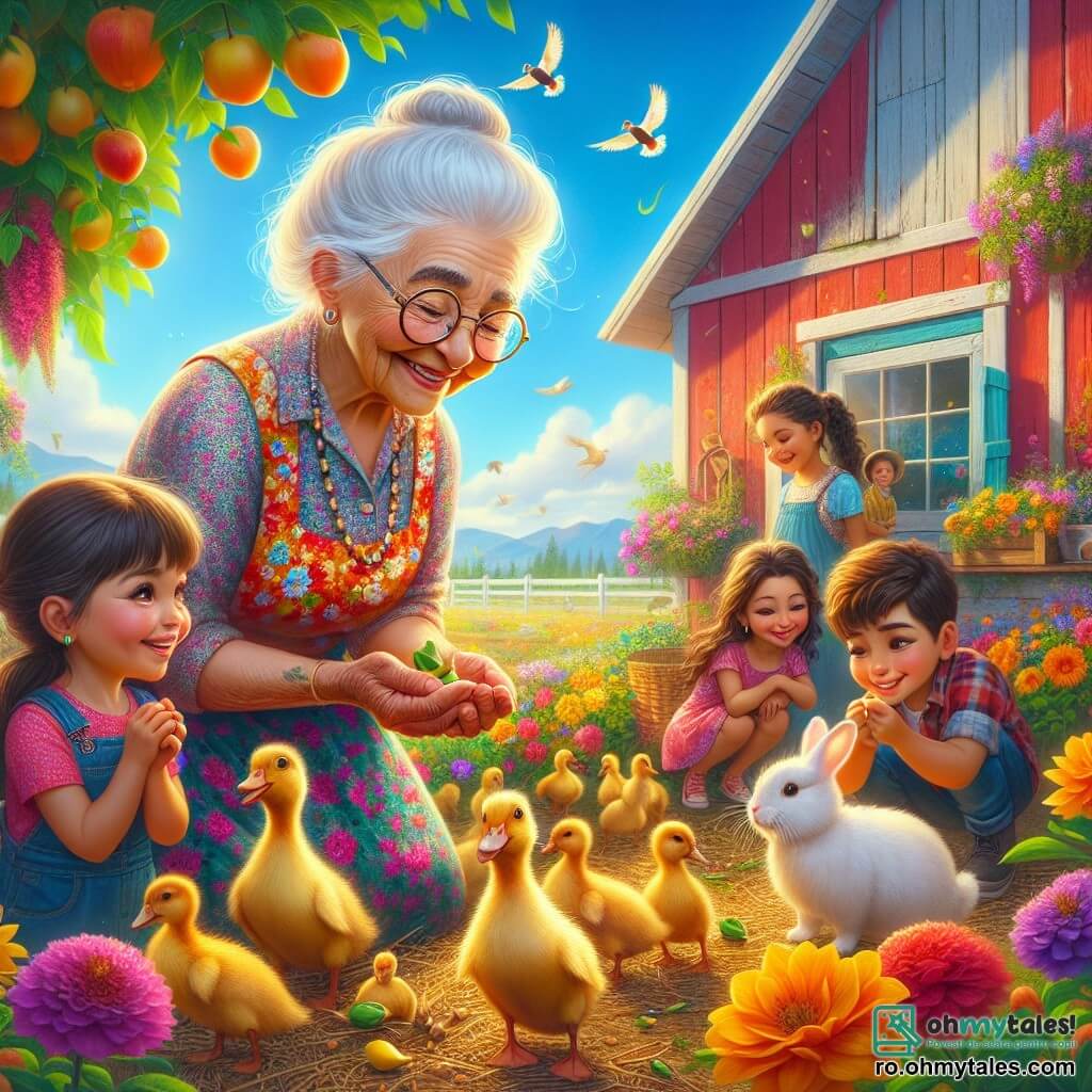 O femeie în vârstă, bunica Ana, zâmbitoare și călduroasă, cu părul argintiu și ochelari rotunzi, se află în mijlocul unei frumoase grajd colorate, înconjurată de flori strălucitoare. Ea poartă o rochie cu flori și un sort, arătând copiilor cum să hrănească niște rațe galbene care se agită în jurul ei, cu ochii strălucind de bucurie și înțelepciune. Lângă ea, Maria, o fetiță de 8 ani cu codițe brunete și ochi strălucitori, râde ținând o mică mână de semințe, pregătită să le dea rațelor. Mai departe, Radu, un băiat de 7 ani cu părul castaniu deschis, observă cu fascinație un iepuraș alb, cu mâinile pe șolduri, uimit de blândețea animalului. Scena se desfășoară într-o fermă însorită, cu un grajd roșu aprins, câmpuri verzi întinzându-se cât vezi cu ochii și pomi fructiferi plini de fructe coapte. Cerul este de un albastru strălucitor, presărat cu câteva nori albi pufoși. Situația principală arată bunica Ana învățând copiii importanța îngrijirii animalelor de fermă, în timp ce aceștia se distrează interacționând cu rațele și descoperind frumusețea naturii care îi înconjoară.