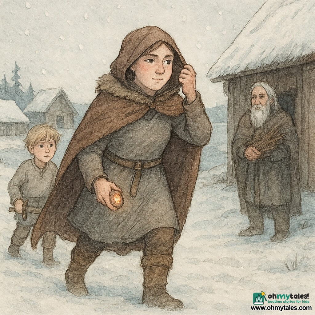 The scene shows a round-faced, brave Viking woman, Sigrun, cheeks pink from the cold and focused soft eyes; she wears a brown wool cloak trimmed with fur, a gray linen tunic, muddy leather boots, and holds a small warm runestone in her left hand. Sigrun strides through the snow, right hand ready to push her hood, determined and calm. A few steps behind her, an 8-year-old boy, Bjorn, with tangled blond hair and a small wooden sword, watches her with admiration and worry, leaning forward to follow her every move. Near the doorway of a long wooden house, an old skald, Kari, about 70 with a wrinkled face and scruffy white beard, stands holding a bundle of twigs and watches her go with hope. The setting is a snowy Norse village by a fjord—snow-covered thatched roofs, dark plank longhouses, suspended flakes, black pine silhouettes, and the gleaming frozen sea under a pale sky. The visual mood is cold yet warm: wool textures, wood grain, footprints in the snow, breath mist, soft diffused light from a low sun. Main situation: Sigrun leaves to fetch the Emberstone before the freezing night, determined, followed by the boy and observed by the old man, in an urgent but peaceful atmosphere.