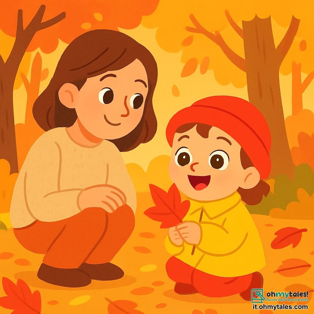 Una bambina di 2 anni, Sofia, con grandi occhi brillanti e un sorriso gioioso, indossa un bel cappello rosso e un cappotto giallo. È accovacciata, incantata, tenendo in mano una foglia d'autunno rossa. Accanto a lei c'è sua madre, una donna dolce di circa 30 anni, con capelli castani e un maglione di lana beige, che sorride teneramente guardando la figlia. Si trovano in un magnifico bosco autunnale, dove gli alberi sono adornati di foglie dorate, rosse e arancioni, e il terreno è coperto da un tappeto di foglie croccanti. La scena principale mostra Sofia che scopre la bellezza dell'autunno, incantata dai colori vivaci e dai suoni delle foglie che scricchiolano sotto i suoi piedi.