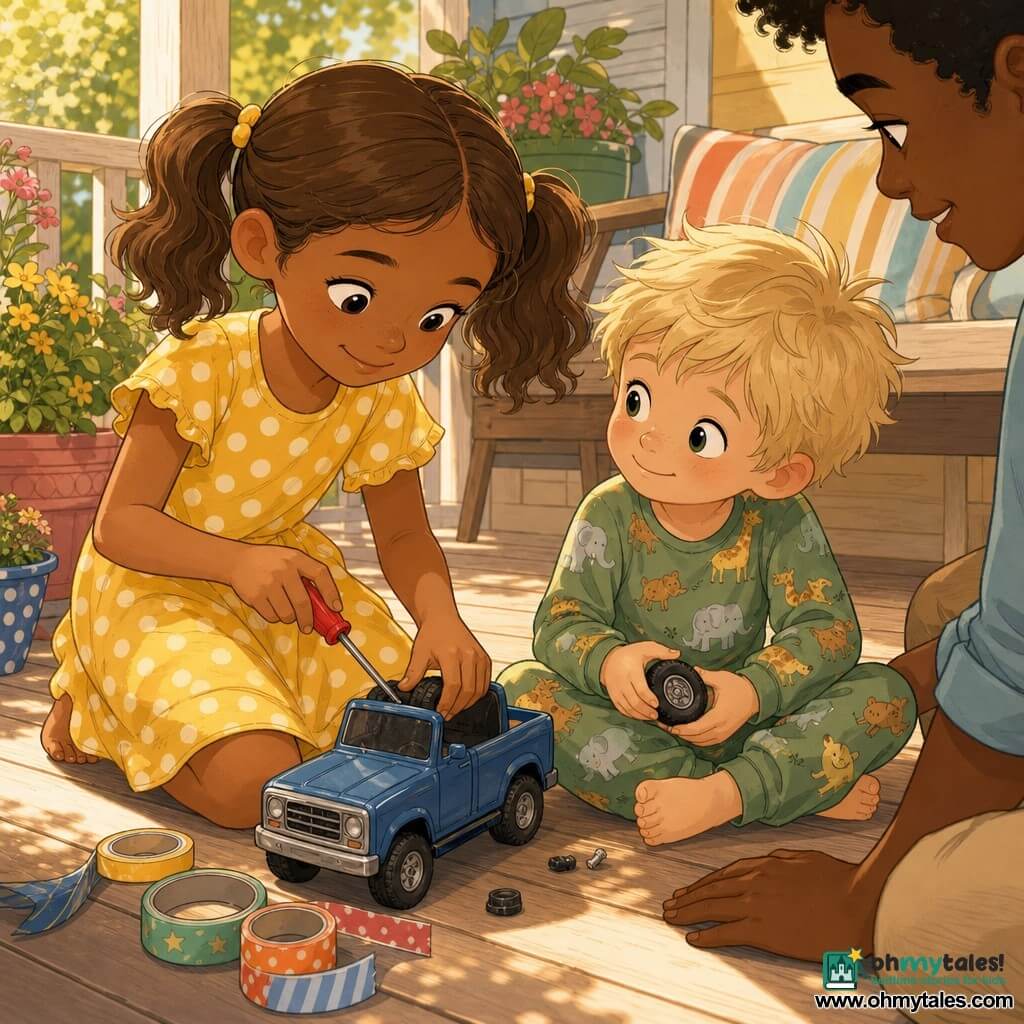 Mia, an 8-year-old girl with light brown pigtails in a yellow polka-dot dress, kneels on a light-wood porch holding a small red screwdriver as she replaces a wheel on a blue toy truck, her face showing kindness and pride; Tommy, about 5 with messy blond hair in green animal-print pajamas, sits beside her holding the missing wheel and looking at her with admiration, slightly leaning in; colorful potted plants and a striped cushion surround them, soft morning light casts warm shadows and golden highlights; the scene focuses on their shared repair of the toy truck, precise hands, small parts and colorful tape, and the exchanged looks in a warm family atmosphere.