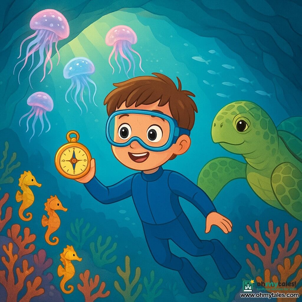 A 10-year-old boy with a round freckled face, short brown hair and wide amazed eyes, wearing a blue wetsuit and clear mask, floats holding a shiny compass in his left hand while a large green-and-brown sea turtle with textured scales swims behind him as if greeting him; glowing pink-and-blue jellyfish drift above casting soft light, bright yellow and orange seahorses hide among nearby corals, and the underwater cave—lit by sunbeams through cracks with textured rocky walls, colorful corals, schools of silvery fish and swaying seagrass—forms a centered, readable, magical scene with vivid colors suitable for a 10-year-old.