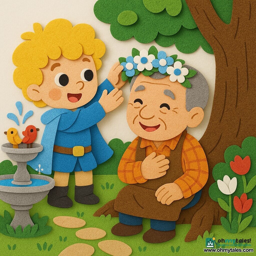 A young boy prince, smiling and amazed with soft blond hair and bright eyes, wearing a light blue cape, reaches to place a crown of white and blue flowers on an elderly gardener (about 60) with a warm wrinkled face and short gray hair, seated under a large oak and receiving the crown with one hand on his heart and a broad smile; to the left a silver fountain with sparkling droplets and a few red and yellow birds watch; the setting is a bright royal garden with a velvety green lawn, red and white tulip beds, visible oak roots and a round-stone path, simple textures and vivid colors, centered composition with clear silhouettes and rounded sticker-style shapes.