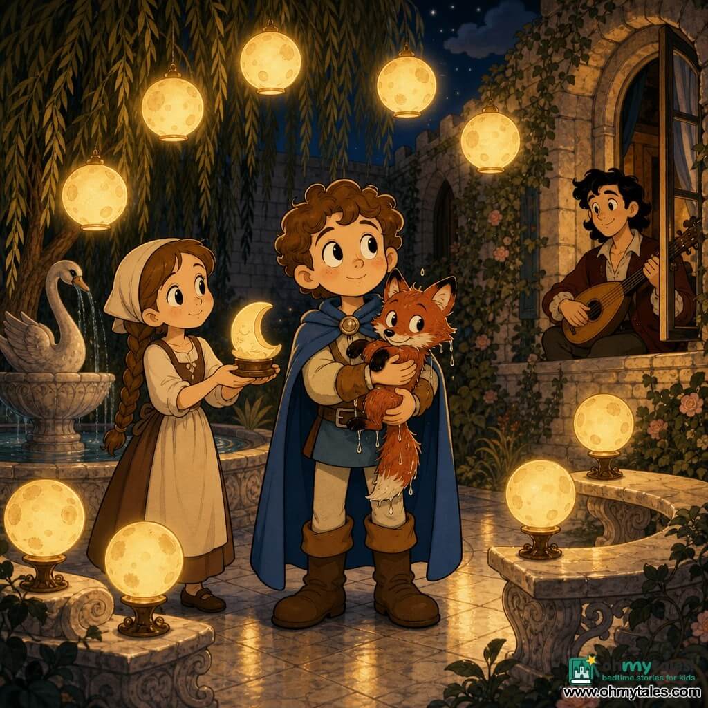 Prince Rowan, a kind round-faced boy with curly brown hair, wearing a blue cape and leather boots, holds a wet small red fox to his chest while silently counting ten glowing lanterns; Lila, about 16, a fair-skinned maid with braided brown hair, smiles and offers a small carved wooden moon lantern beside him; a minstrel, about 30, with messy black hair and a simple jacket, sits by an open window on the right playing a lute and smiling; the fox cub is small with shiny red fur and confident eyes, wet drops sparkling on its coat; the lantern garden has a marble path, carved benches, a stone fountain with a swan, weeping willows and ivy on stone walls, and ten round floating lanterns like little moons casting warm golden reflections on leaves and water; main scene: the prince centered in a protective calm pose surrounded by lanterns forming a luminous semicircle, soft night, warm pastel palette, golden reflections, retro rubber-hose cartoon style with thin black outlines, exaggerated expressions, tender magical atmosphere.