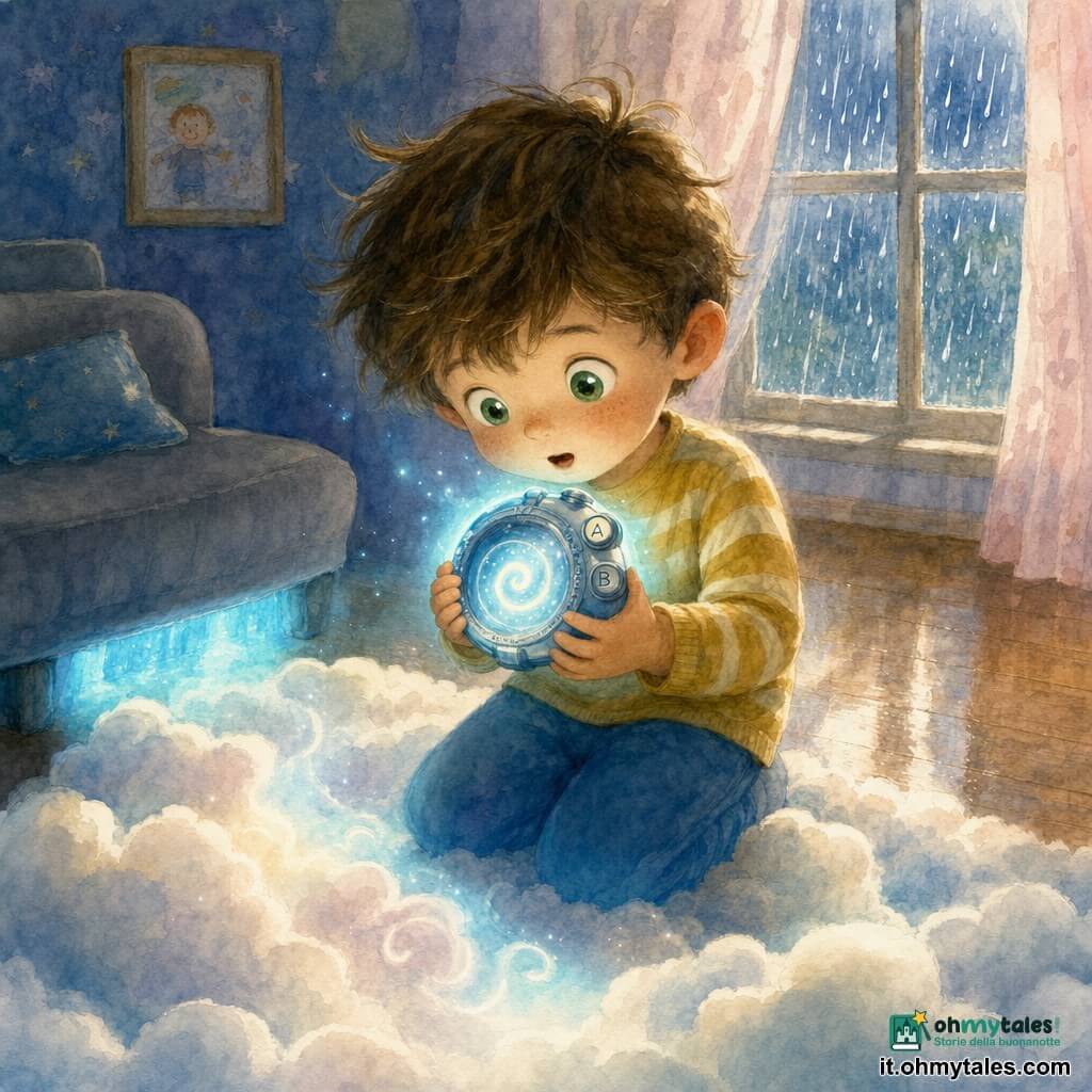 Bambino di 4 anni, meravigliato e curioso, tiene fra le mani un orologio tondo e lucente: freccia a spirale luminosa, tre grossi pulsanti etichettati A, B, C, luce blu soffusa; divano grigio basso a sinistra con luce blu sotto da dove ha trovato l'orologio; finestra dietro con gocce di pioggia e tende rosa traslucide, riflessi argentati sul pavimento in legno; tappeto spesso color crema con motivi di nuvole ad acquerello che, mentre la spirale si illumina, sembra trasformarsi in una nube, atmosfera di avventura dolce e sicura.