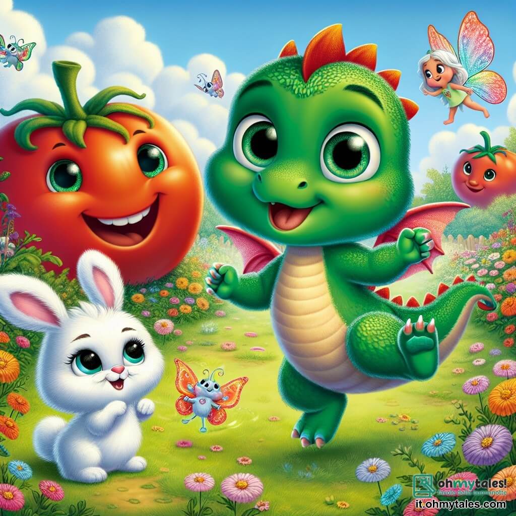 Zippy, un piccolo drago verde con squame lucenti e occhi a forma di smeraldo, si trova al centro dell'immagine, mostrando un'espressione di determinazione e gioia. Sta saltando con entusiasmo, con le ali leggermente spiegate, pronto ad affrontare una sfida. Alla sua destra, Fluff, un adorabile coniglietto con grandi orecchie e pelliccia bianca, guarda Zippy con ammirazione, i suoi occhi brillanti di eccitazione. Sta battendo le zampe sul terreno, incoraggiando il suo amico. A sinistra, Bella, una delicata farfalla con ali colorate, vola in cerchio attorno a Zippy, il suo viso radioso di felicità e incoraggiamento. Lo sfondo è il Giardino dei Pomodori Giganti, un giardino magico pieno di pomodori giganti con volti sorridenti, circondati da fiori colorati che danzano al ritmo del vento. Il cielo è di un blu splendente, punteggiato di nuvole soffici. La scena principale mostra Zippy pronto a affrontare la danza dei pomodori, circondato dai suoi amici, in un'atmosfera gioiosa e colorata, simbolo dello spirito di avventura e di amicizia.