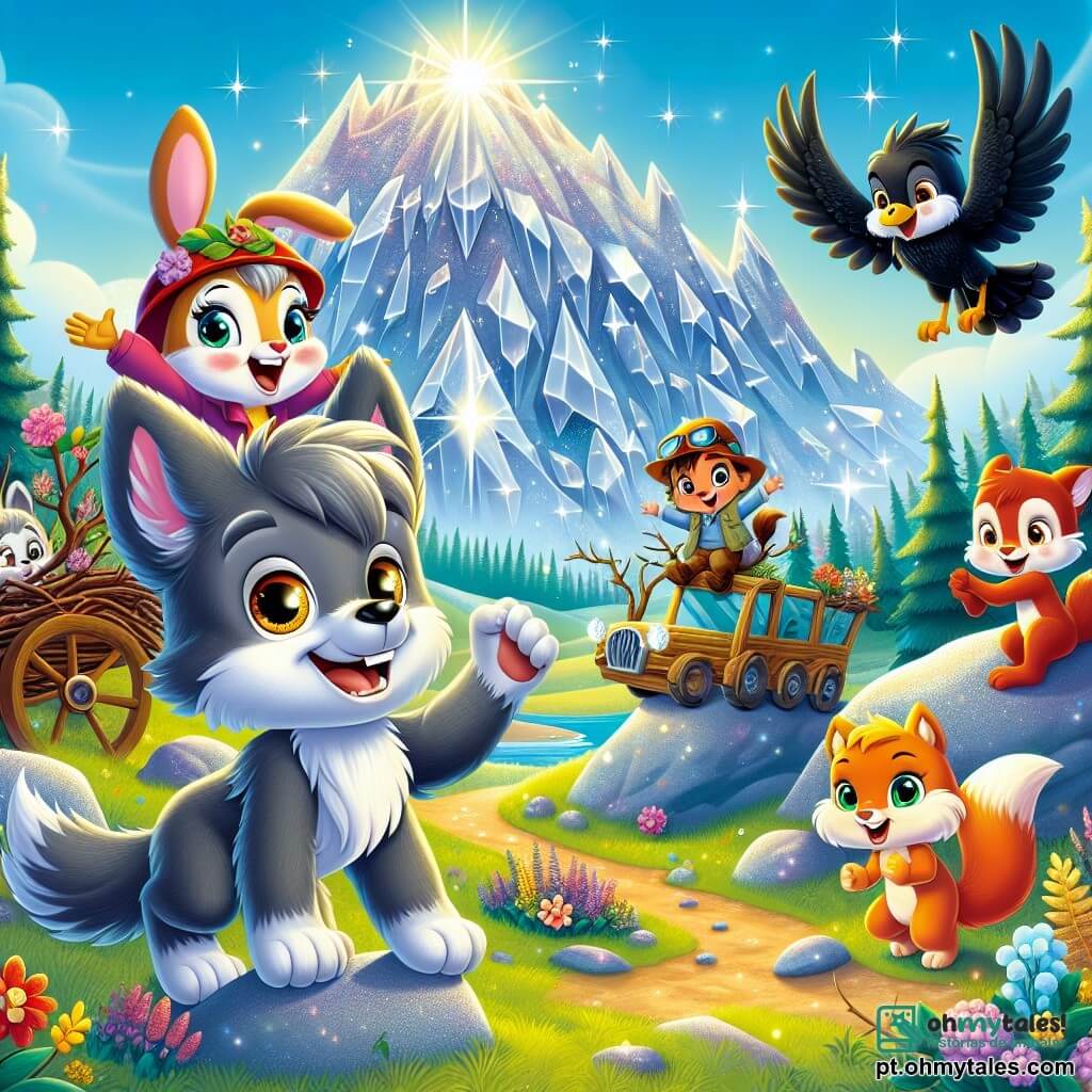 Um pequeno lobo chamado Léo, com pelagem cinza e olhos curiosos, está no topo de uma montanha brilhante, sorrindo orgulhosamente após construir um veículo de galhos e folhas. Ao seu lado, a coelhinha Lili, com pelagem branca e grandes orelhas, salta de alegria, admirando a vista. O pequeno esquilo Tito, com seu pelo ruivo e cauda espessa, aplaude entusiasticamente, enquanto a sábia corvo Olívia, com penas negras e olhar inteligente, voa acima deles, encorajando-os. Ao fundo, a montanha majestosa está coberta de flores coloridas e cristais cintilantes que refletem a luz do sol, criando uma atmosfera mágica. A cena principal mostra Léo e seus amigos celebrando sua aventura, rodeados pela beleza da natureza, prontos para explorar novos horizontes juntos.