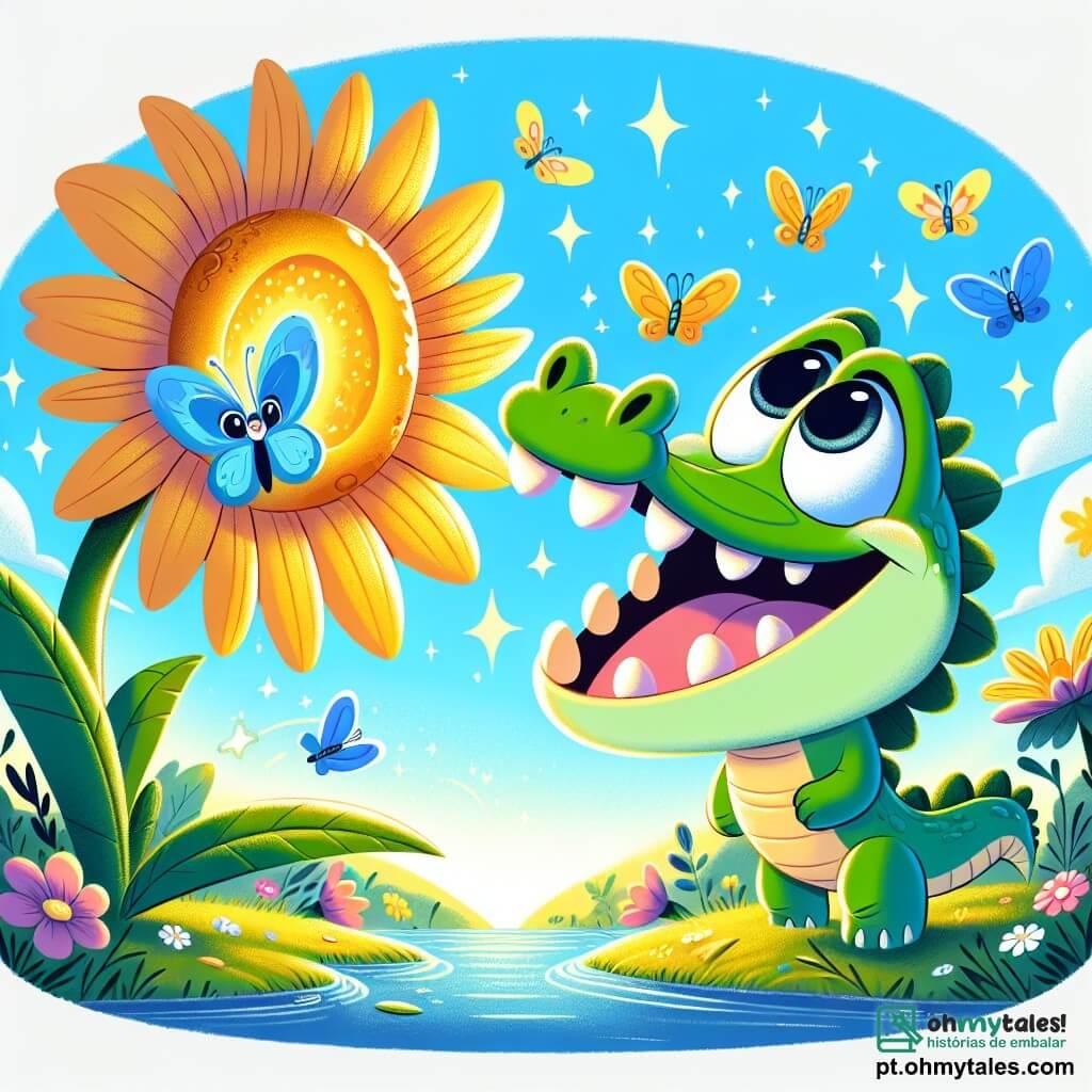 Um crocodilo chamado Cacá, com uma pele verde brilhante e grandes olhos redondos e curiosos, está à beira de um rio cintilante, com um largo sorriso no rosto, cheio de excitação e admiração. Ao seu lado, uma pequena borboleta azul, com asas delicadas e brilhantes, voa alegremente, suas asas batendo suavemente no ar quente. O local é um jardim mágico, repleto de flores coloridas que dançam ao vento, com uma grande flor dourada no centro que brilha como o sol, cercada por folhagens luxuriantes e borboletas que flutuam. Cacá, o crocodilo, está fazendo um desejo diante da flor mágica, com os olhos fechados, enquanto a borboleta o encoraja com um sorriso bondoso.