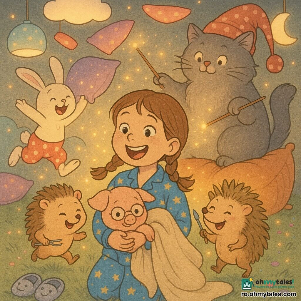 O fetiță de 10 ani, Ana, zâmbitoare și uimită, cu părul șaten des prins în două cozi, poartă un pijama albastru cu stele și ține o pătură mare și pufoasă, privind perle luminoase de praf plutind în jur; un arici mic și rotund cu țepi caramel dansează lângă ea agățând o furculiță-jucărie; un motan adult, cu blană gri și burtă deschisă, poartă o bonetă lungă de noapte roșie cu buline și mânuiește bețe magice de pe un pernu mare din spatele Anei; un iepuraș alb cu pantaloni roșii cu buline sare în aer, fericit, ținând o pernă mov strălucitoare la stânga Anei; un purceluș roz, mic, cu ochelari rotunzi și zâmbet timid, e în brațele Anei și privește spre privitor. Decorul e un dormitor transformat într-o pajiște de noapte: covor pufoasă ca iarba, lămpi în formă de nori suspendate, perne colorate plutitoare și o lanternă în formă de lună. Scena principală arată o bătălie de perne magice plutitoare și o paradă de pijamale cu confetti visătoare și papuci împrăștiați; atmosferă caldă, culori pastel saturate, iluminare blândă, stil grafic cu linii rotunjite, texturi moi, umbre subtile și compoziție centrată pe Ana înconjurată de animale în mișcare.