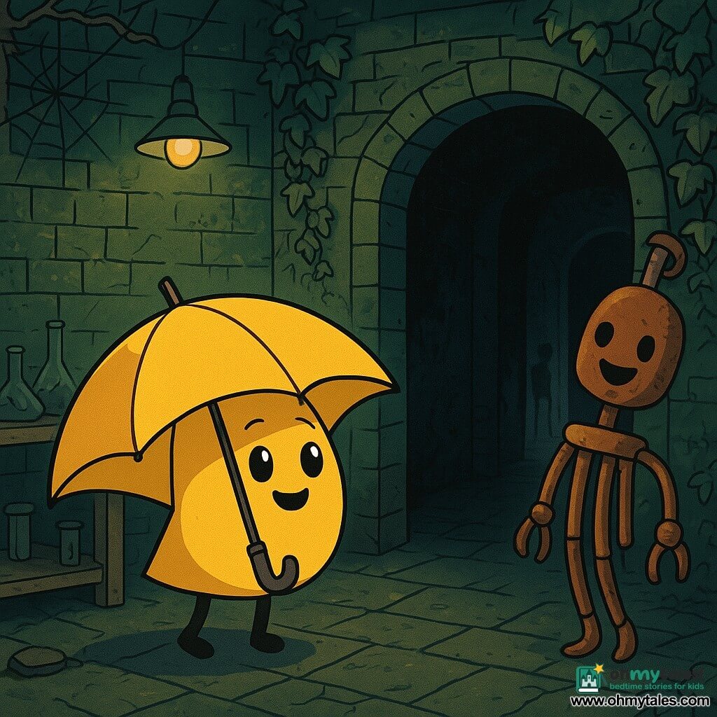Bobby, an anthropomorphic umbrella with bright yellow fabric and a small smiling face, stands at the edge of a mysterious dark corridor, his round eyes shining with curiosity and excitement. He leans slightly forward, ready to explore the unknown. Nearby, a rusty wind chime, with oxidized metal tubes and a friendly face, gently dances in a light breeze, its sparkling eyes encouraging Bobby to move forward. The setting is an abandoned old laboratory, with cracked brick walls covered in green ivy, dusty wooden tables laden with broken test tubes, and eerie shadows cast by the flickering light of a lamp. Cobwebs cling to the corners, adding a mysterious and slightly frightening atmosphere. The main scene shows Bobby hesitating to enter a dark corridor, where shadows dance on the walls, while a silvery glow emanates from a slightly open door at the end, promising fascinating and frightening discoveries.