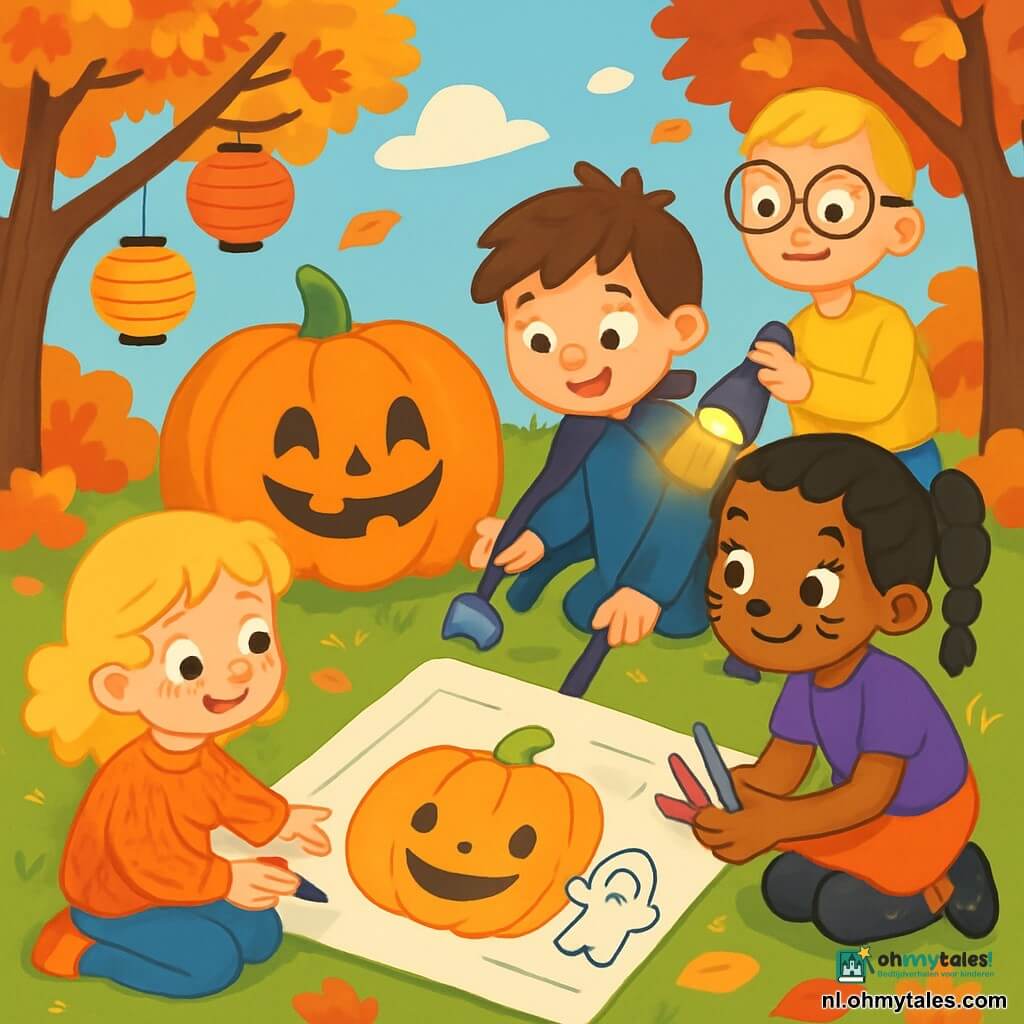 Er zijn 4 kinderen: Lotte, een 6-jarig meisje met krullend blond haar in een feloranje trui, zit op het gras en is geconcentreerd op haar tekening van een grote glimlachende pompoen. Bram, een 6-jarige jongen met rommelig bruin haar en een plastic bijl, staat naast Lotte in een zwarte tovenaarcape en voegt een klein spookje toe aan hun tekening. Aisha, een 6-jarig meisje met gevlochten zwart haar en kattenmake-up op haar gezicht, hurkt voor Lotte en Bram met kleurpotloden in de hand, klaar om hun kunstwerk in te kleuren. Finn, een 6-jarige jongen met blond haar en ronde bril, staat achter Aisha met een zaklamp die hun tekening verlicht, met een nieuwsgierige blik op zijn gezicht. De locatie is een herfstpark vol gouden en rode bladeren die van de bomen vallen. In het midden staat een enorme oranje pompoen met een leuke vorm en een vrolijke glimlach op het groene gras. Kleurige lampionnen zweven in de takken van de bomen en de lucht is diepblauw met witte wolken. De scène toont de vier vrienden die samen tekenen, lachend en ideeën delen om de pompoen te verfraaien. De magie van Halloween hangt in de lucht en een zachte bries laat de bladeren om hen heen dansen.
