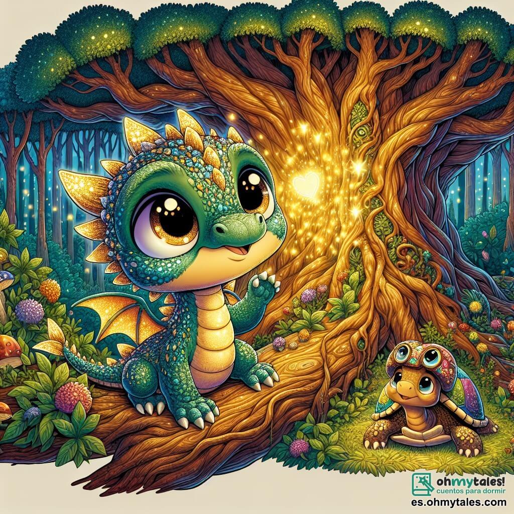 Ilustración que representa a un pequeño dragón, a la vez lindo y valiente, con escamas brillantes que centellean como estrellas. Tiene grandes ojos expresivos llenos de determinación y una sonrisa cálida. El dragón está posado en la rama de un gran árbol, listo para liberar una luz dorada para salvar la naturaleza circundante. A su lado, una tortuga parlante, con el caparazón adornado de patrones coloridos, observa con admiración y esperanza. Lleva un pequeño sombrero en forma de hongo y parece alentar al dragón, sus ojos brillando de curiosidad. El lugar principal es una isla mágica, con vegetación exuberante de un verde brillante, pero algunas partes están oscurecidas por una sombra misteriosa. El gran árbol, en el centro de la isla, tiene un tronco ancho y nudoso, con hojas brillantes que parecen llorar, añadiendo un toque de melancolía al entorno. La situación principal muestra al dragón utilizando su luz interior para ahuyentar la sombra que amenaza la isla, iluminando el paisaje con un resplandor cálido y colorido. Las flores comienzan a florecer a su alrededor, y aves coloridas vuelan sobre él, testimoniando la magia que renace. Otros elementos gráficos incluyen rayos de luz dorada que emanan del dragón, flores que se abren lentamente, y animales de la isla que miran con asombro, creando una atmósfera de esperanza y renacimiento.