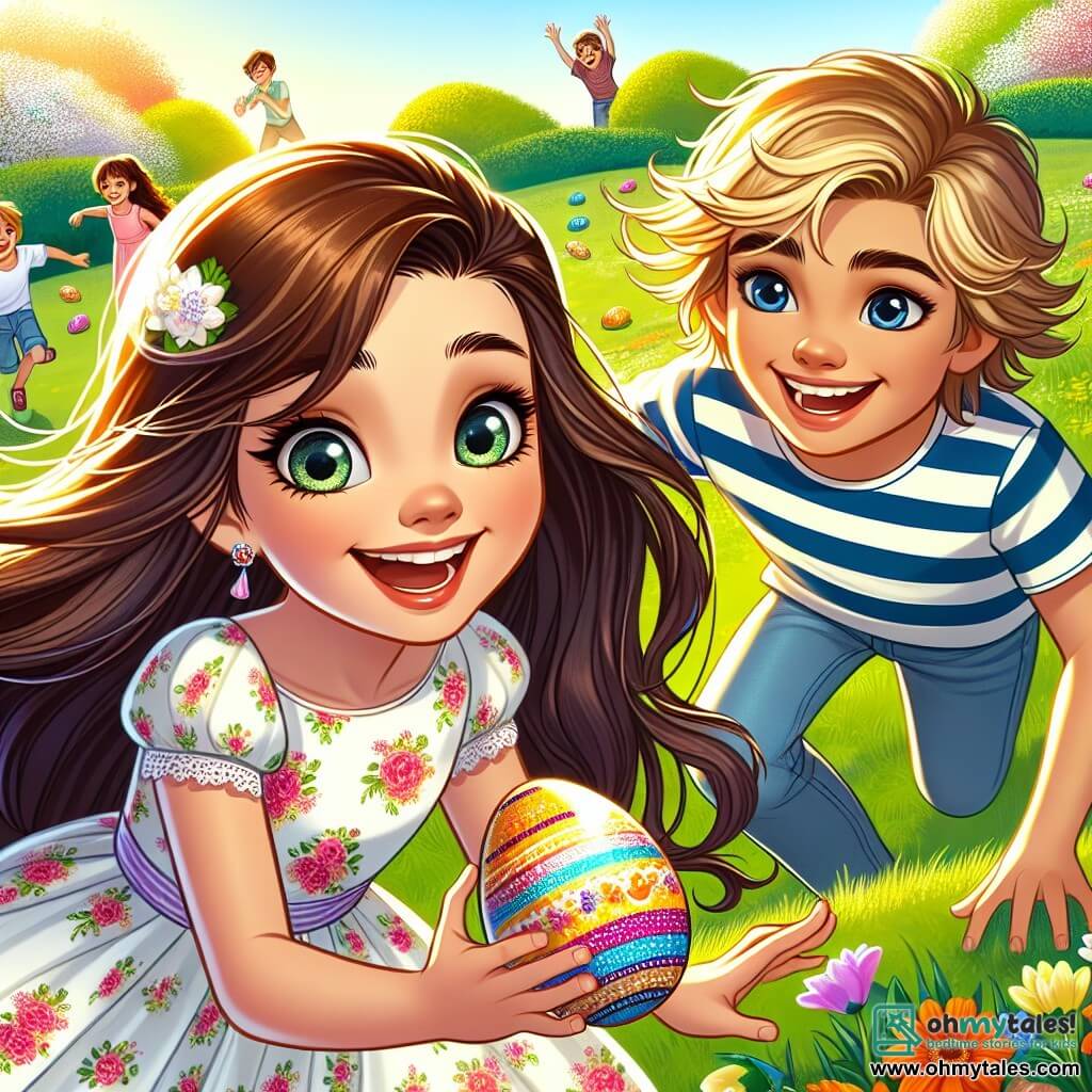 A 12-year-old girl, Cleo, with long brown hair and sparkling eyes, is rolling a colorful egg down a green hill. She wears a light floral dress and a bright smile that shows her excitement. Next to her, a boy her age, Max, with messy blonde hair and a striped t-shirt, encourages her with a big smile, holding a decorated egg in his hand. In the background, children are laughing and running, searching for hidden eggs in the grass. The scene is set in a sunny park filled with vibrant flowers and blooming trees, creating a festive and joyful atmosphere. The main focus is on Cleo and Max in a friendly competition to see who can roll their egg the farthest, surrounded by laughter and joy.