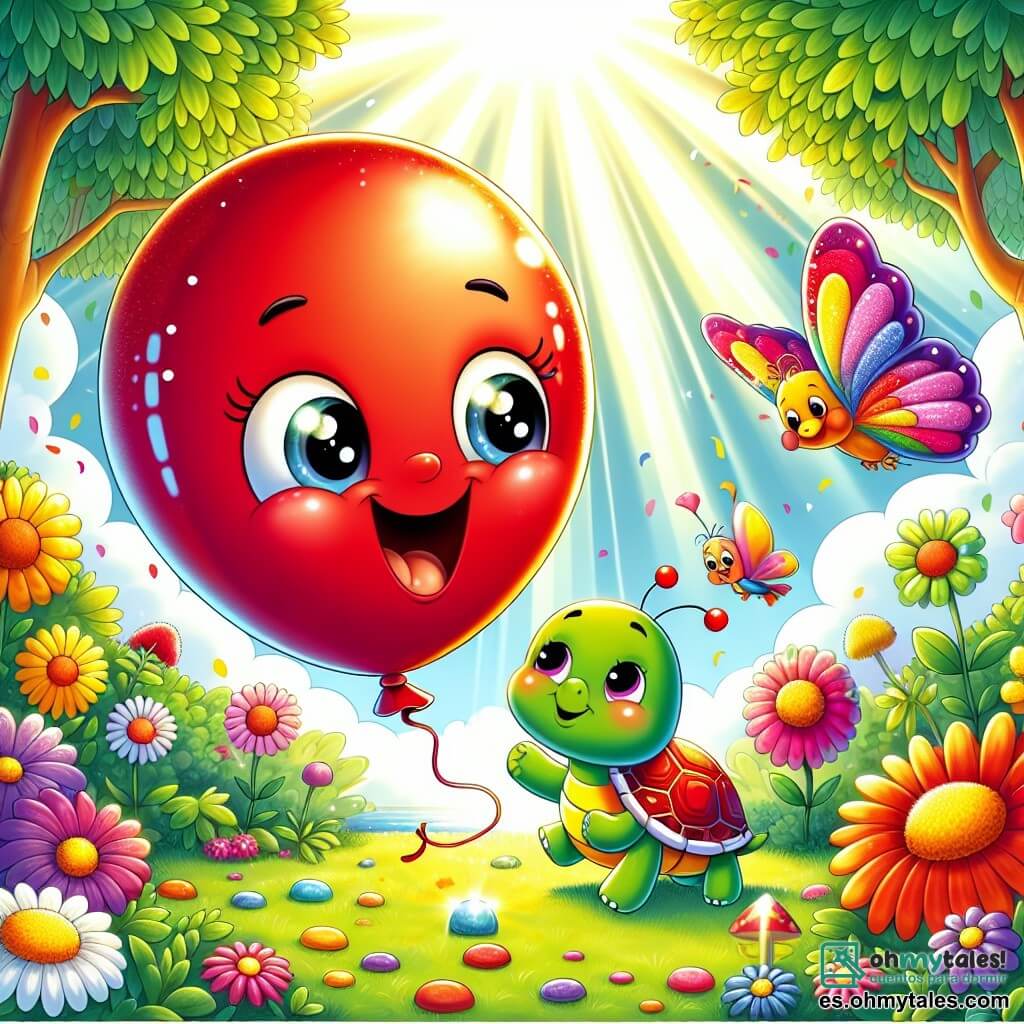 Ilustración de un pequeño globo rojo con una gran sonrisa, flotando alegremente en el aire. El globo expresa una inmensa alegría y emoción, con ojos brillantes de felicidad mientras danza sobre un jardín colorido. Cerca, una tortuga verde con un caparazón brillante y ojos dulces sonríe lentamente, recogiendo piedras brillantes. Un pequeño pájaro de plumas amarillas y azules vuela alrededor del globo, mostrando una expresión de alegría y energía. Una mariposa colorida se posa delicadamente sobre una flor, maravillada por el globo. El lugar principal es un jardín soleado, lleno de flores vibrantes y árboles verdes. La escena muestra al globo celebrando su cumpleaños rodeado de amigos, todos bailando y jugando, con confeti de colores flotando en el aire. Otros elementos incluyen piedras brillantes en el suelo, una pequeña caja de madera abierta con confeti saliendo y sonrisas radiantes en los rostros de los personajes, capturando el espíritu de una fiesta de cumpleaños mágica.