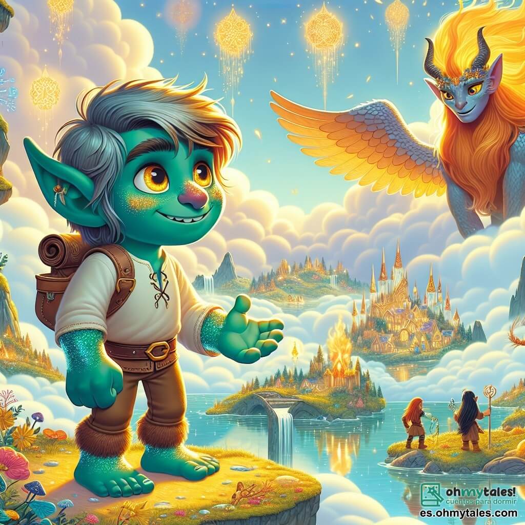 Un joven troll llamado Brumrul, con piel esmeralda brillante y ojos dorados chispeantes de esperanza, se encuentra al borde del Lago Espejismo. Tiene una expresión decidida y una ligera sonrisa, llevando una pequeña bolsa de cuero llena de runas curativas. A su lado, Sarmia, una majestuosa esfinge de fuego con alas llameantes y ojos ardientes, observa a Brumrul con una mezcla de curiosidad y desconfianza, posada sobre una roca dorada. El paisaje es un reino suspendido sobre las nubes, con castillos flotantes, puentes de vapor y flores luminiscentes que bailan en el aire suave. La escena principal muestra a Brumrul extendiendo una mano amistosa hacia Sarmia, listo para explicarle su inocencia, mientras destellos de luz se reflejan en la superficie del lago, creando una atmósfera mágica y llena de esperanza.