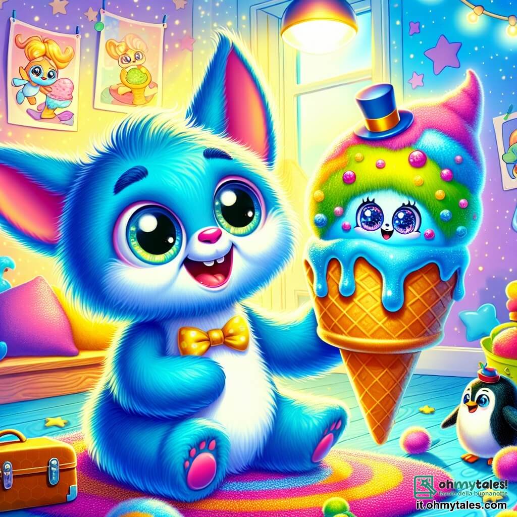 Fuffi, un piccolo essere pelucheo di colore blu vivo con grandi occhi rotondi e un sorriso splendente, è seduto su un tappeto colorato, tenendo un enorme cono gelato parlante, Gelatone. Fuffi sembra felice e meravigliato, con le orecchie tese, pronto a gustare il suo gelato magico. Gelatone, un cono gelato gigante con occhi scintillanti e un grande sorriso, fluttua gioiosamente sopra Fuffi, proponendogli di giocare a nascondino. Nelle vicinanze, Pinguino Piero, un piccolo pinguino con un elegante cappello a cilindro, tiene una valigia in mano, mostrando un'aria curiosa ed entusiasta, pronto a unirsi all'avventura. La scena si svolge in una stanza colorata, piena di giocattoli brillanti, cuscini morbidi e muri decorati con disegni di stelle e lune. Una luce soffusa filtra attraverso una finestra, creando un'atmosfera calda e magica. In questa situazione principale, Fuffi e Gelatone si preparano a giocare a nascondino nel loro mondo fantastico, mentre Piero li osserva con impazienza, pronto a unirsi a loro per un'avventura piena di risate e sorprese.