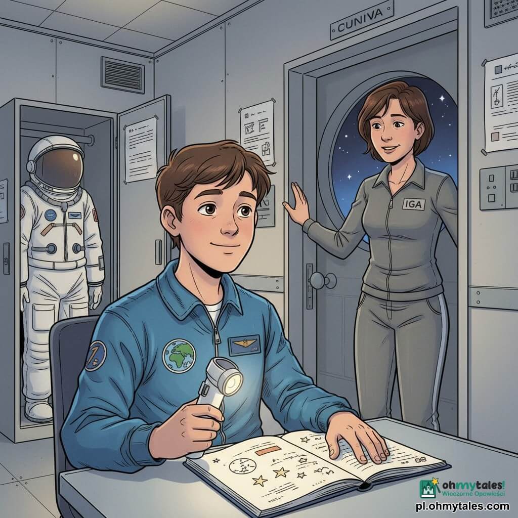 Nastolatek‑astronauta o łagodnej, ciekawskiej twarzy, lekko uśmiechnięty i spokojnym spojrzeniu, ubrany w niebieski, lekko pognieciony kombinezon, trzymający małą białą latarkę z naklejką Ziemi i przeglądający otwarty notes na metalowym stole; obok drzwi stoi trenerka Iga, około 35 lat, krótkie brązowe włosy, ciepły, uspokajający wyraz twarzy, dumnie patrząca na chłopca z ręką na framudze; brak innych postaci na pierwszym planie; pokój to kajuta treningowa z jasnoszarymi ścianami i panelami, otwartą metalową szafą z wiszącym skafandrem, okrągłym oknem na gwiaździste niebo i małymi plakatami procedur; scena — spokojna chwila przed snem, przygotowywanie sprzętu i zaduma, miękkie, ciepłe światło lampki nocnej kontrastujące z chłodnym światłem gwiazd; styl kolorowy, czyste linie, czytelne wyrazy twarzy, kompozycja skupiona na chłopcu i notesie.