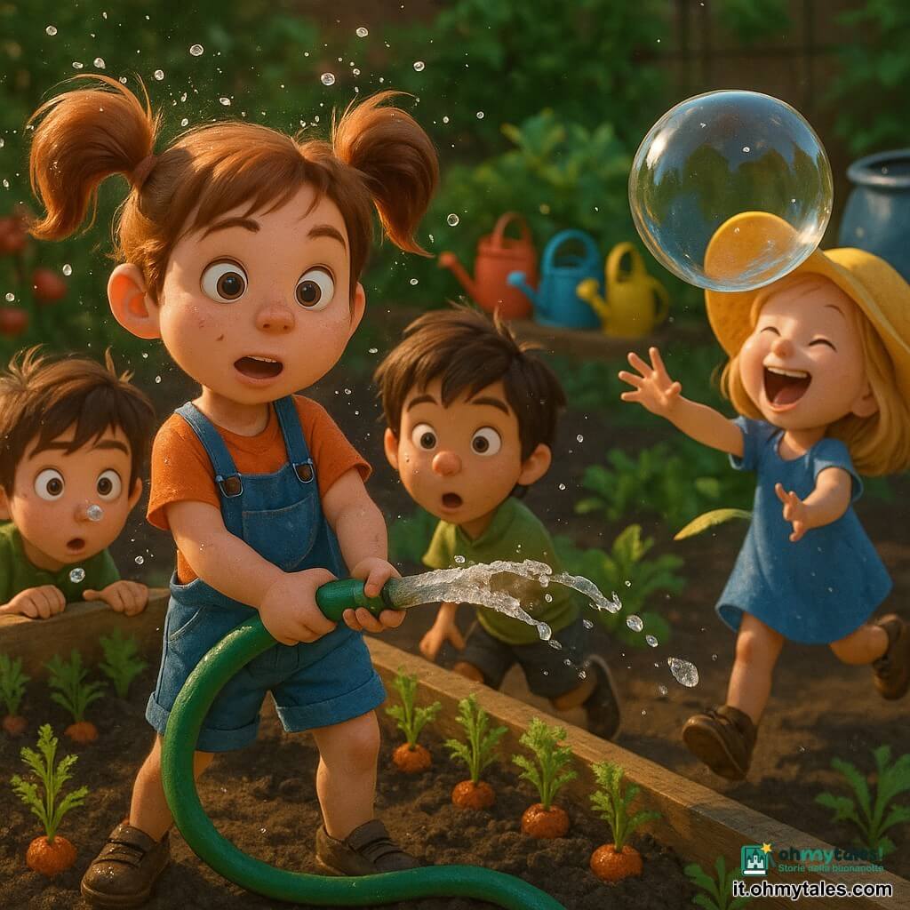 Bambina di 6 anni, viso tondo e lentiggini, due codine svolazzanti, occhi brillanti, espressione gioiosa e determinata, tiene con entrambe le mani un grande tubo dell'acqua verde che salta cercando di calmarlo; ragazzo di circa 6 anni (Teo), capelli castani arruffati, viso sorpreso e concentrato, sta sul bordo di un'aiuola con acqua sul naso; bambina di circa 6 anni (Sara), capelli biondi sotto un grande cappello giallo, ride cercando di prendere una grande bolla trasparente che riflette il cappello; ragazzo di circa 6 anni (Malik), pelle scura, tasca piena di sassolini, corre fischiando vicino a un bidone d'acqua blu leggermente ammaccato, pronto ad aiutare; luogo: orto condiviso con sentieri di terra scura, file di carote e piante di pomodoro, annaffiatoi colorati su un bordo di legno; situazione: tubo dell'acqua che spruzza getti scintillanti, una grande bolla che vola dal bidone, bambini bagnati ma ridono, atmosfera luminosa e comica, colori saturi e texture morbide in stile film d'animazione 3D.