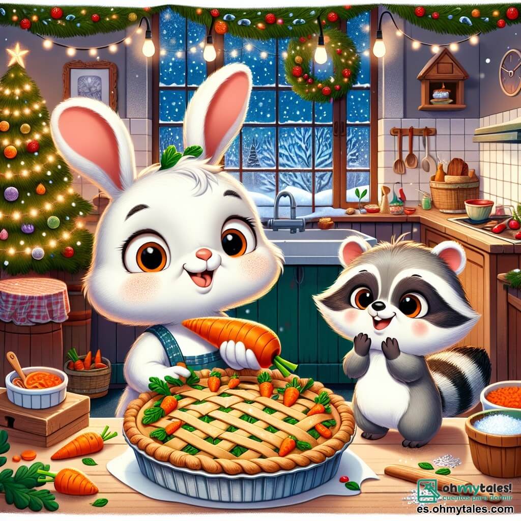 Un pequeño conejo llamado Benito, con grandes orejas caídas y un pelaje suave y blanco, está de pie en una cocina acogedora, sonriendo con orgullo mientras sostiene una hermosa tarta de zanahoria decorada con pequeñas zanahorias de azúcar. A su lado, su amigo Tomás, un pequeño mapache de pelaje gris y ojos brillantes, levanta las patas en señal de ánimo, mostrando una gran sonrisa, mientras se encuentra cerca de la mesa, rodeado de ingredientes coloridos. La cocina está llena de decoraciones navideñas brillantes, con un árbol de Navidad iluminado en una esquina, guirnaldas de hojas verdes y rojas, y copos de nieve que caen suavemente por la ventana. La escena principal muestra a Benito y Tomás celebrando su éxito, rodeados de una atmósfera festiva, listos para compartir su deliciosa creación con la familia de Benito para Navidad.