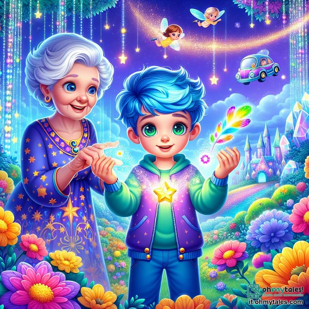 Un ragazzo di 6 anni, di nome Lio, con capelli blu vivaci e occhi verdi brillanti, è al centro dell'immagine, con il viso illuminato da meraviglia e curiosità. Tiene in mano una piccola scatola magica che brilla. Accanto a lui, sua nonna, una donna anziana con capelli argentati e un sorriso caloroso, lo osserva con orgoglio, indossando un vestito colorato decorato con motivi stellati, mentre gli mostra come usare la magia. Il contesto è un giardino incantato sul pianeta Miraluna, pieno di fiori dai colori vivaci, cristalli scintillanti e alberi con tronchi argentati. Sullo sfondo, auto volanti scorrono dolcemente in un cielo viola punteggiato di stelle brillanti. La scena principale mostra Lio che fa levitare una piuma colorata grazie alla magia della scatola, mentre scintille luminose danzano intorno a lui, creando un'atmosfera di gioia e avventura.