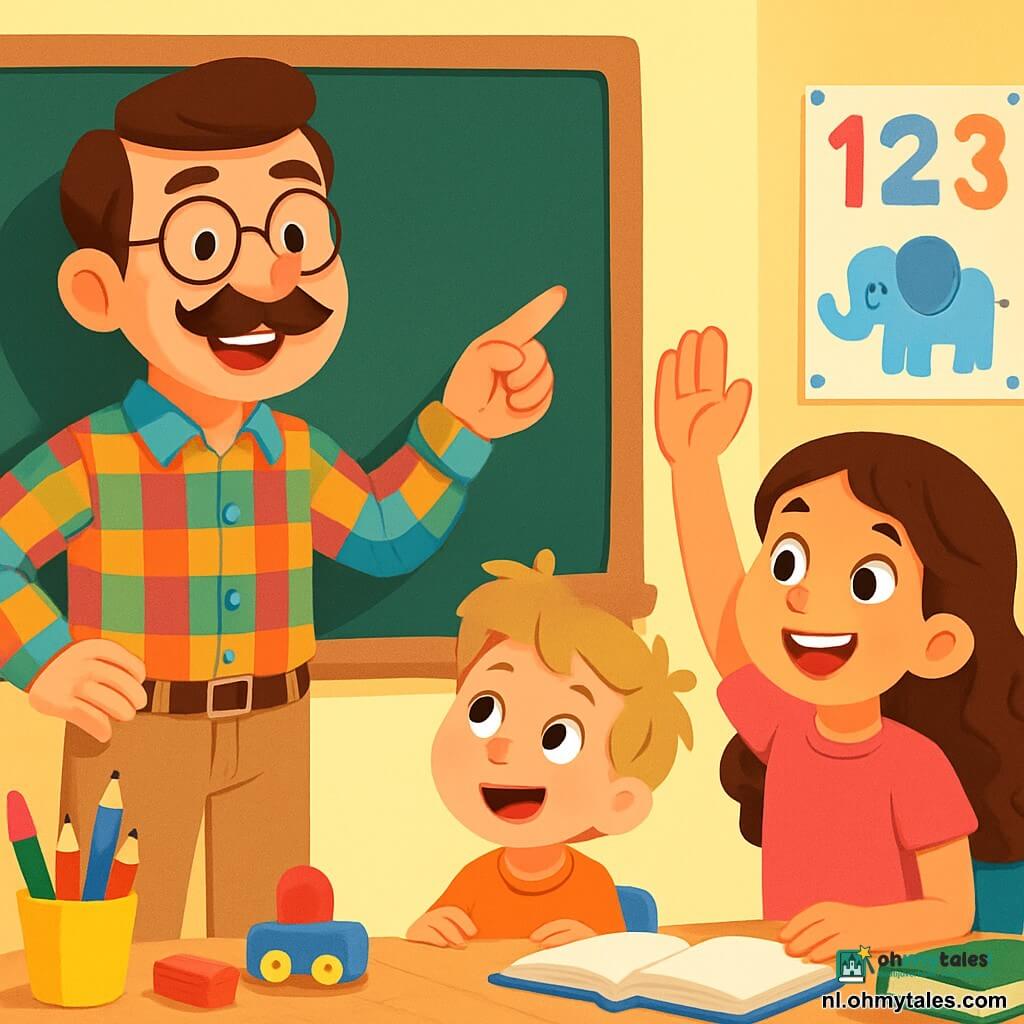 Een glimlachende leraar, meneer Mo, een man van in de veertig met een grote bruine snor en ronde bril, staat voor een schoolbord. Hij draagt een kleurrijk geruit overhemd en beige broek. Zijn gezicht straalt vreugde en enthousiasme uit terwijl hij iets aan de kinderen uitlegt. Mila, een 8-jarig meisje met lange krullende haren en een roze t-shirt, steekt haar hand op met een grote glimlach, enthousiast om deel te nemen. Naast haar kijkt Lucas, een 7-jarig jongetje met wild blond haar, aandachtig en met glinsterende ogen van opwinding. De scène speelt zich af in een heldere klaslokaal met gele muren en kleurrijke posters van dieren en cijfers. Kleurpotloden, boeken en speelgoed liggen verspreid over de houten tafels. Meneer Mo nodigt de kinderen uit om een activiteit voor de dag te kiezen, wat een vrolijke en samenwerkende sfeer creëert, vol met lachen en creativiteit.