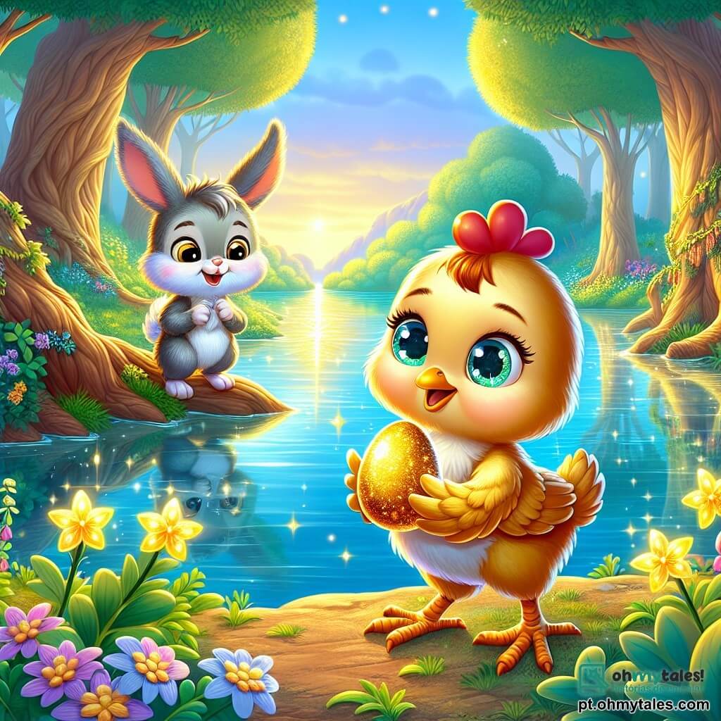 Uma pequena galinha chamada Clarabela, com penas douradas e olhos brilhantes de curiosidade, está à beira de um lago cintilante, com um olhar maravilhado. Ela parece alegre e determinada, segurando um ovo de ouro brilhante entre suas patas. Ao seu lado, um travesso coelhinho chamado Tobias, com orelhas longas e pelagem macia, observa o lago com um sorriso travesso, pronto para ajudá-la em sua aventura. O cenário é uma linda floresta encantada, onde árvores majestosas com troncos retorcidos se erguem em direção ao céu, e flores coloridas dançam ao sabor do vento. No centro da imagem, Clarabela e Tobias estão diante do lago dos espelhos, onde a superfície da água reflete luzes douradas, criando uma atmosfera mágica e cheia de promessas.