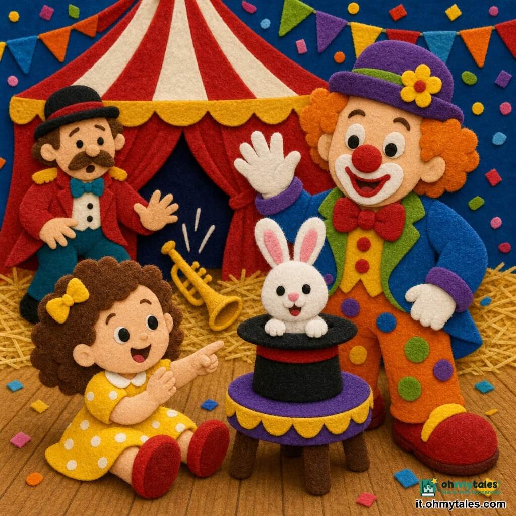 Bambina di 2 anni, gioiosa e stupita, capelli castani ricci, seduta in primo piano con vestito giallo a pois bianchi e grandi scarpe rosse, indica la scena; un clown adulto di circa 30 anni, trucco colorato e naso rosso tondo, saluta accanto alla grande tenda; un coniglio bianco di peluche esce da un cappello nero su un tavolino davanti al clown; un musicista adulto di circa 40 anni sullo sfondo lascia cadere una tromba dorata che rotola sulla paglia; la tenda da circo a strisce rosse e bianche con ghirlande e lanterne è sullo sfondo; atmosfera luminosa e frizzante con coriandoli, luce calda e pavimento in tavole di legno; scena principale: la bambina ride e applaude mentre il coniglio esce e il clown compie un gesto magico, tutti allineati davanti alla tenda.